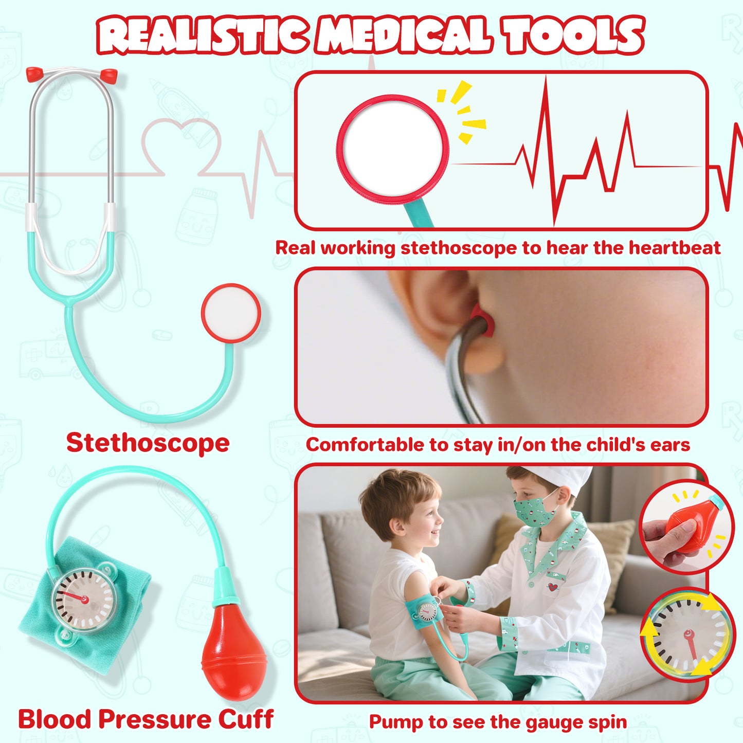 Doctor Costume Set for Kids, Pretend Play Doctor Dress up Clothes with Medical Accessories, Kids Doctor Costume Set Toy for Age 3 4 5 6 Boys Girls - Pink