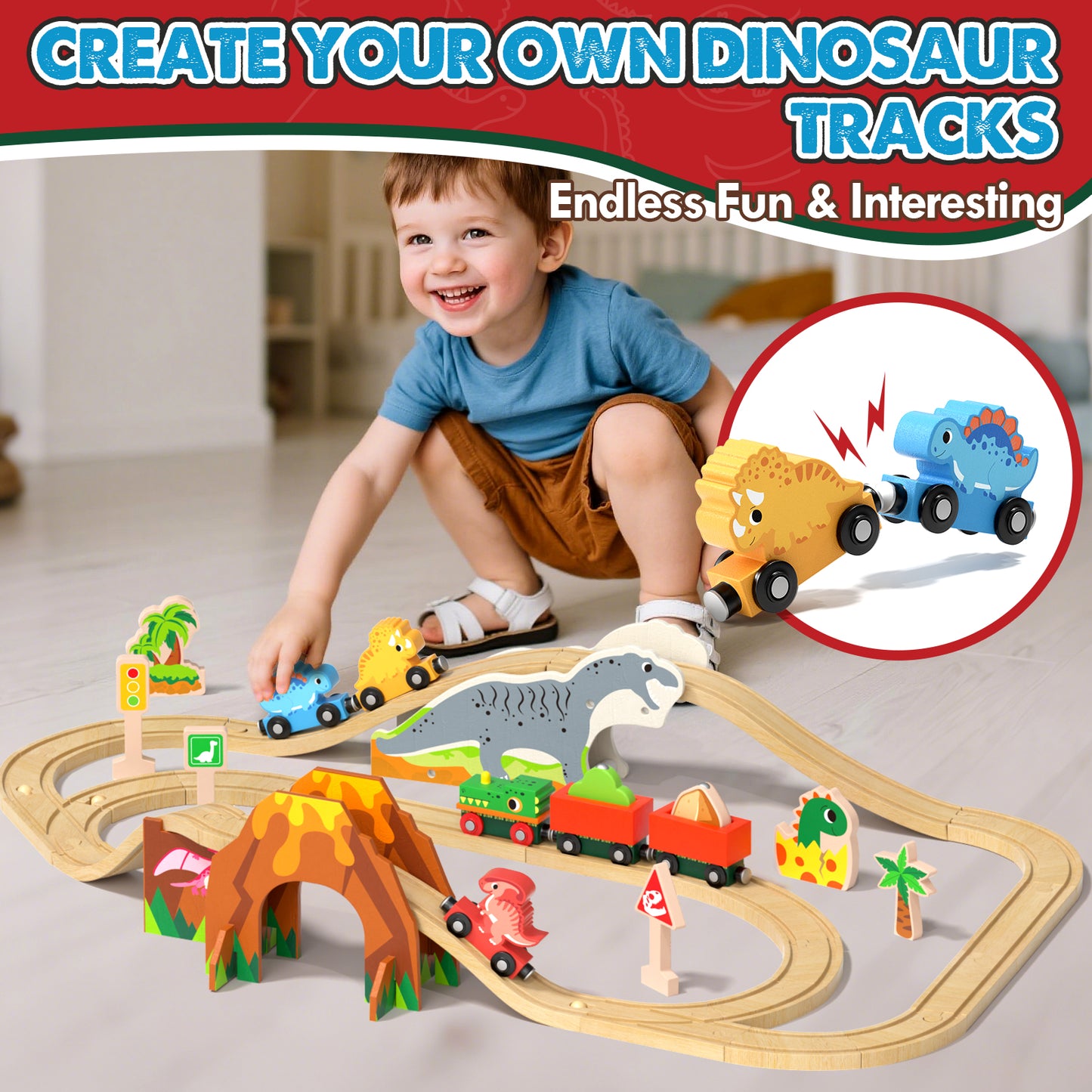 Train Set, Wooden Train Set for Kids, Train Set for Kids Ages 4-8, Train Track Toy Set with 3 Dinosaur Trains, Toys for 2 Year Old Boys, Compatible with Other Brands