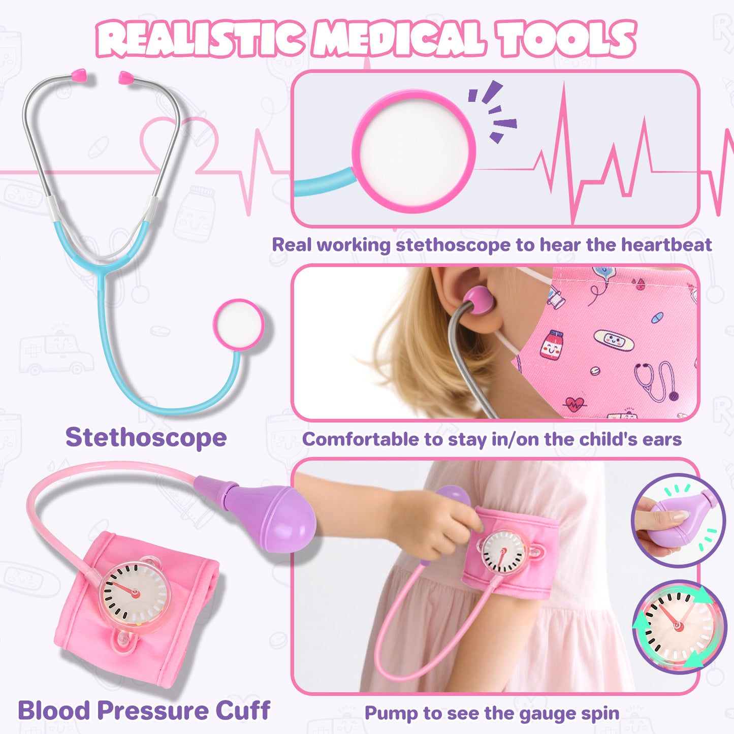 Doctor Costume Set for Kids, Pretend Play Doctor Dress up Clothes with Medical Accessories, Kids Doctor Costume Set Toy for Age 3 4 5 6 Boys Girls - Pink