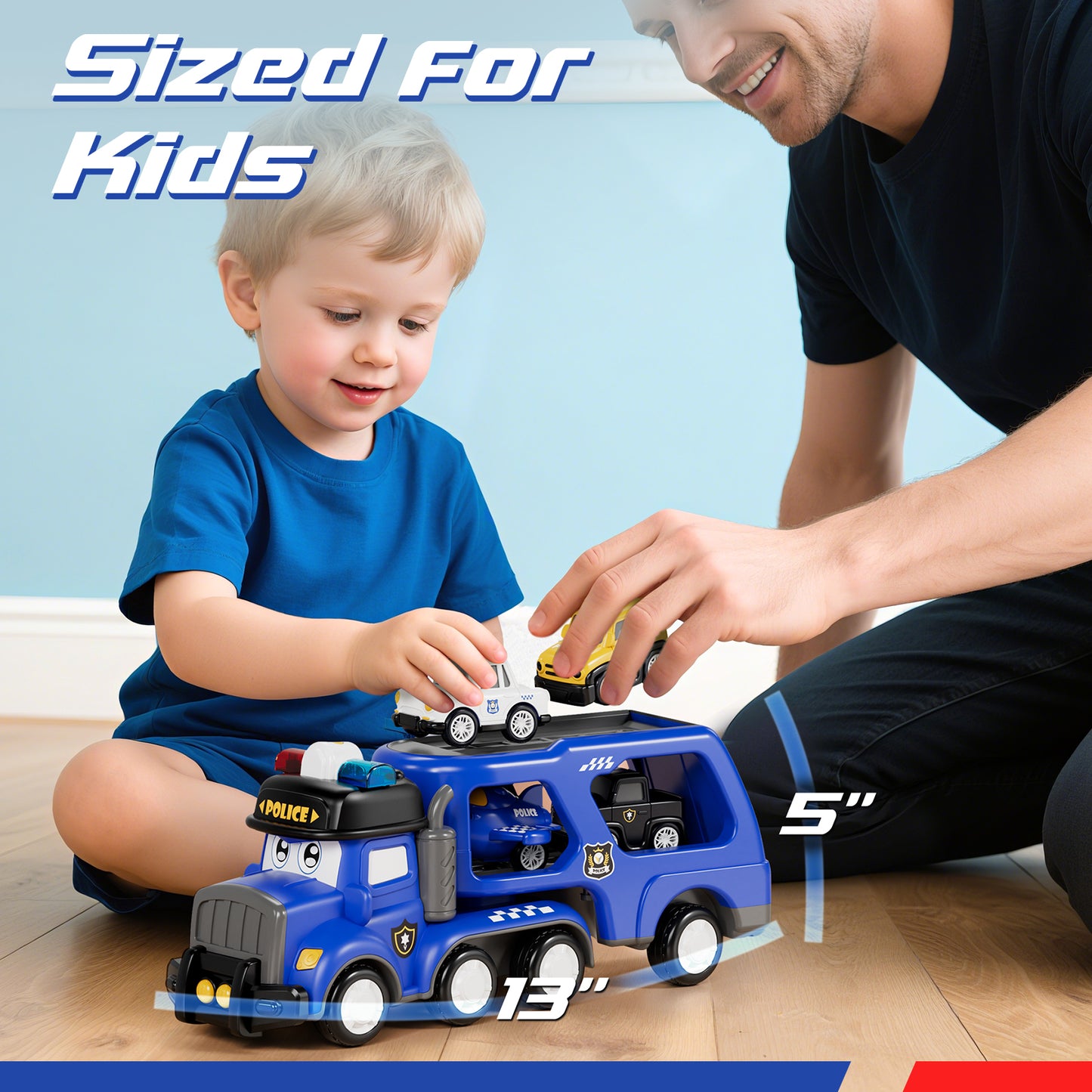 Toys for 2 Year Old Boy, Toy Trucks Car for Boys 2 3 4 5 Years Old, Police Truck Toys Cars with Lights & Sounds, 5 in 1 Toddler Carrier Truck Toy with 4 Pull Back Cars, Best Birthday Gifts for Boys