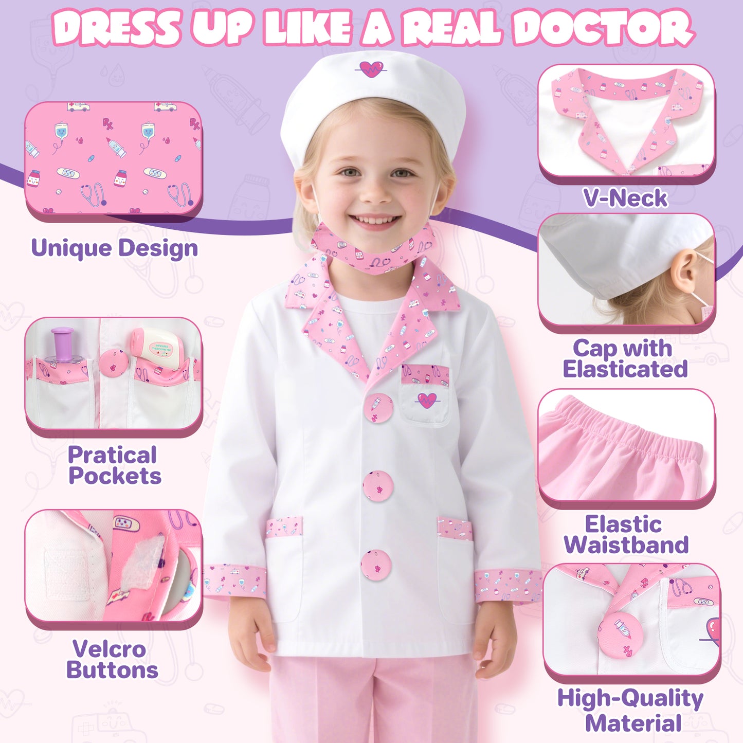 Doctor Costume Set for Kids, Pretend Play Doctor Dress up Clothes with Medical Accessories, Kids Doctor Costume Set Toy for Age 3 4 5 6 Boys Girls - Pink