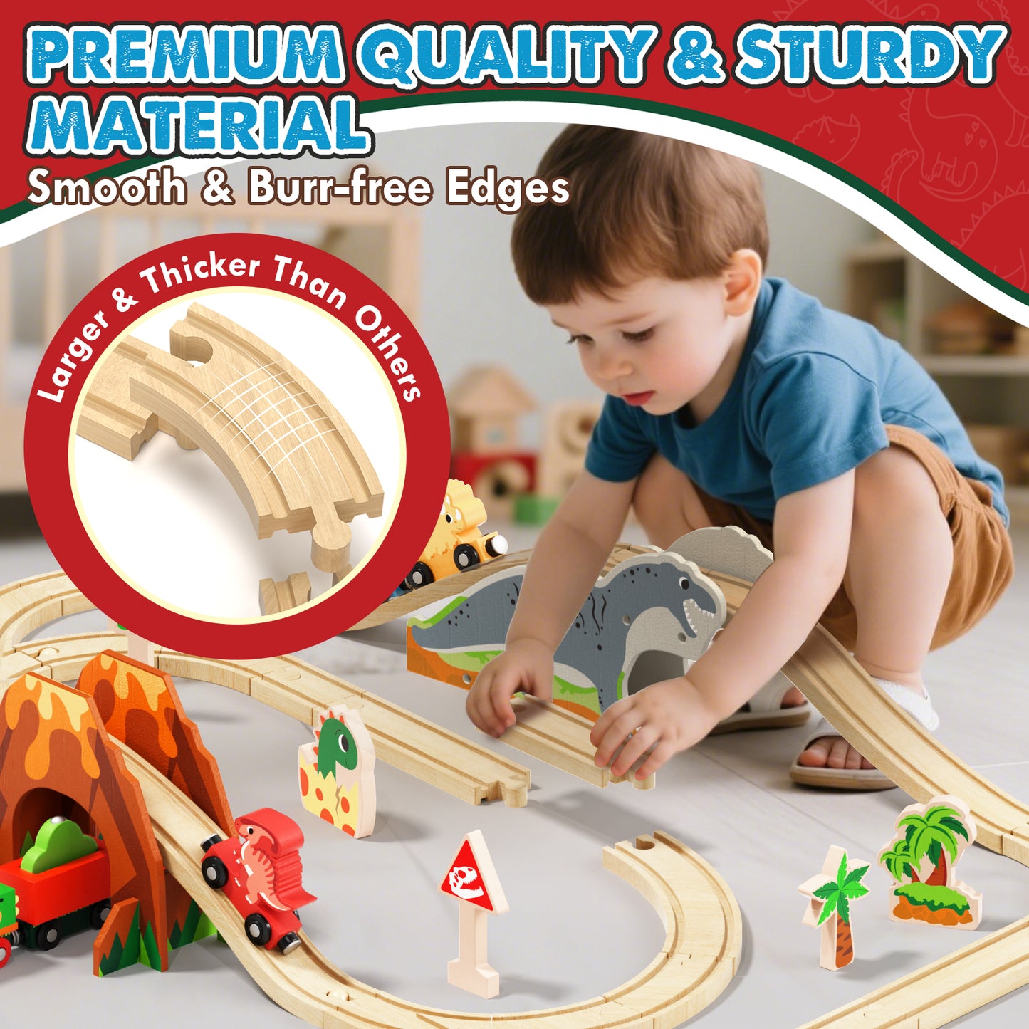 Train Set, Wooden Train Set for Kids, Train Set for Kids Ages 4-8, Train Track Toy Set with 3 Dinosaur Trains, Toys for 2 Year Old Boys, Compatible with Other Brands