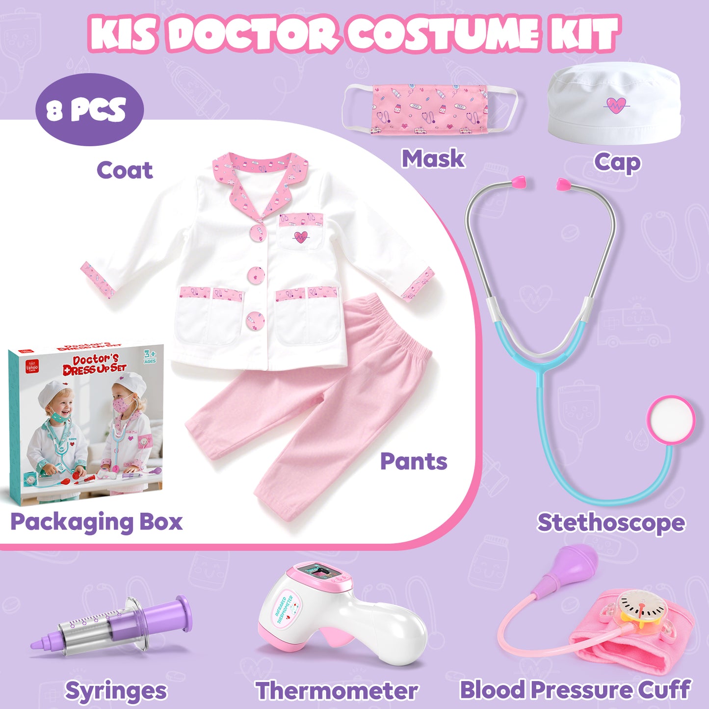 Doctor Costume Set for Kids, Pretend Play Doctor Dress up Clothes with Medical Accessories, Kids Doctor Costume Set Toy for Age 3 4 5 6 Boys Girls - Pink