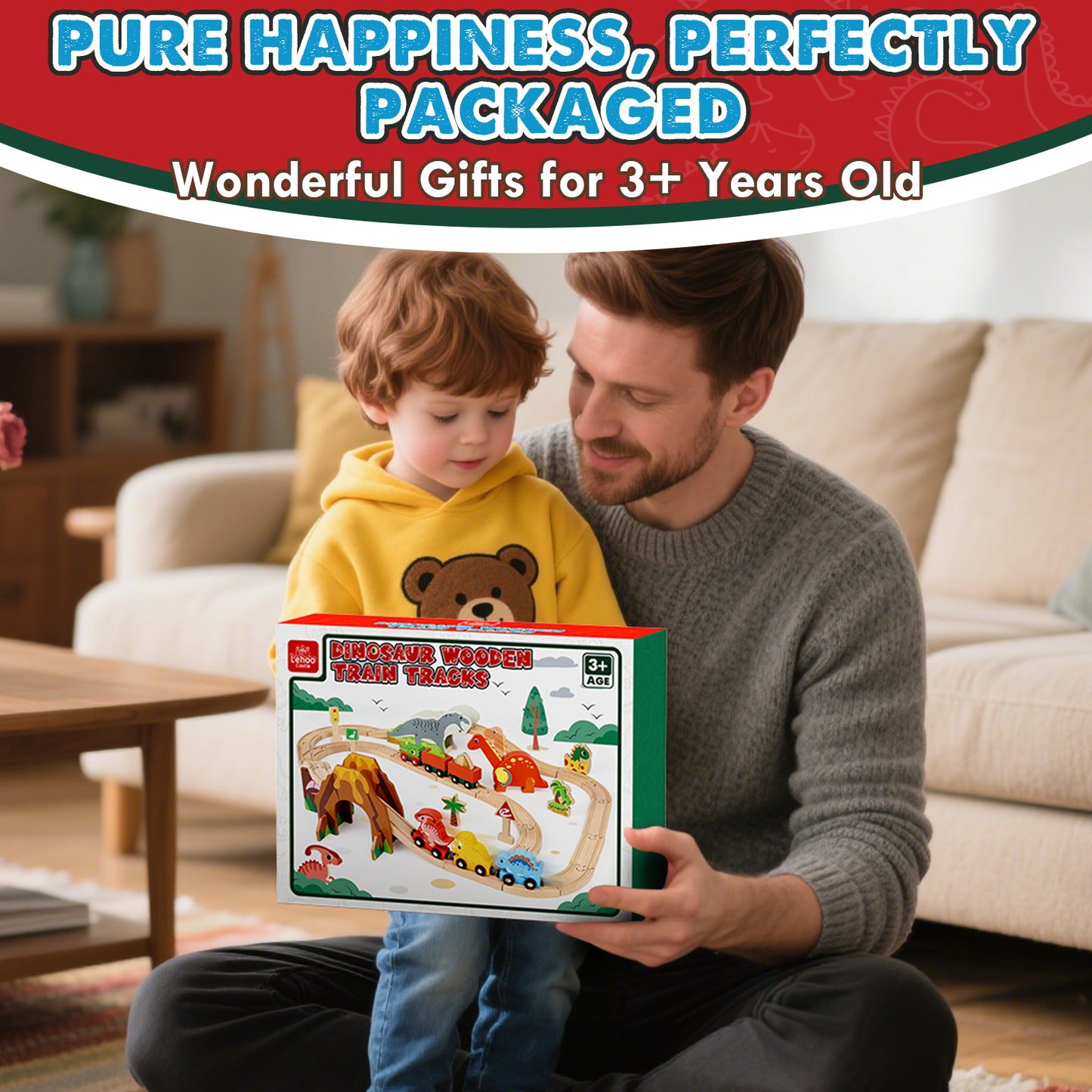 Train Set, Wooden Train Set for Kids, Train Set for Kids Ages 4-8, Train Track Toy Set with 3 Dinosaur Trains, Toys for 2 Year Old Boys, Compatible with Other Brands