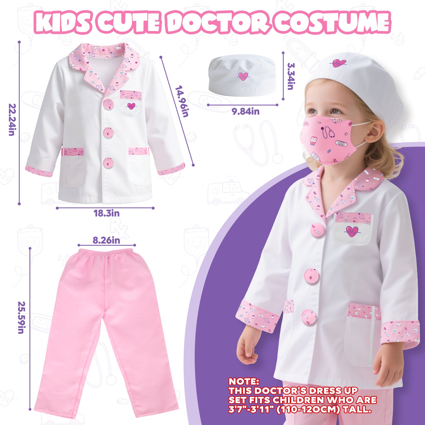 Doctor Costume Set for Kids, Pretend Play Doctor Dress up Clothes with Medical Accessories, Kids Doctor Costume Set Toy for Age 3 4 5 6 Boys Girls - Pink