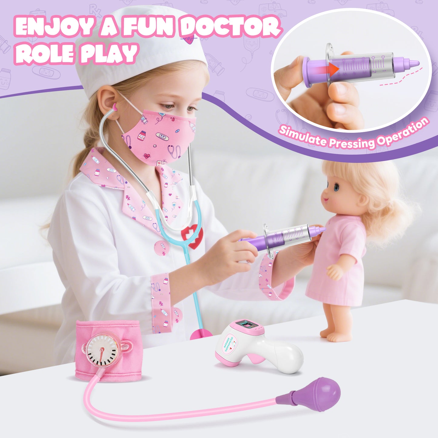 Doctor Costume Set for Kids, Pretend Play Doctor Dress up Clothes with Medical Accessories, Kids Doctor Costume Set Toy for Age 3 4 5 6 Boys Girls - Pink