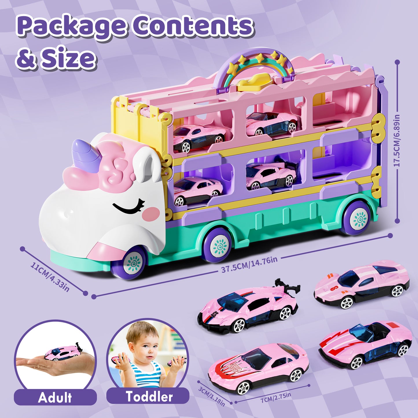 Toddler Girl Toys, 5-in-1 Unicorn Truck Toddler Toys Car for Girls, 2 Year Old Girl Toys , Unicorn Toys, Car Carrier Truck Toy with 4 Die-Cast Small Cars, Car Toy Gift for 2-5 3 4 5 6 Girls