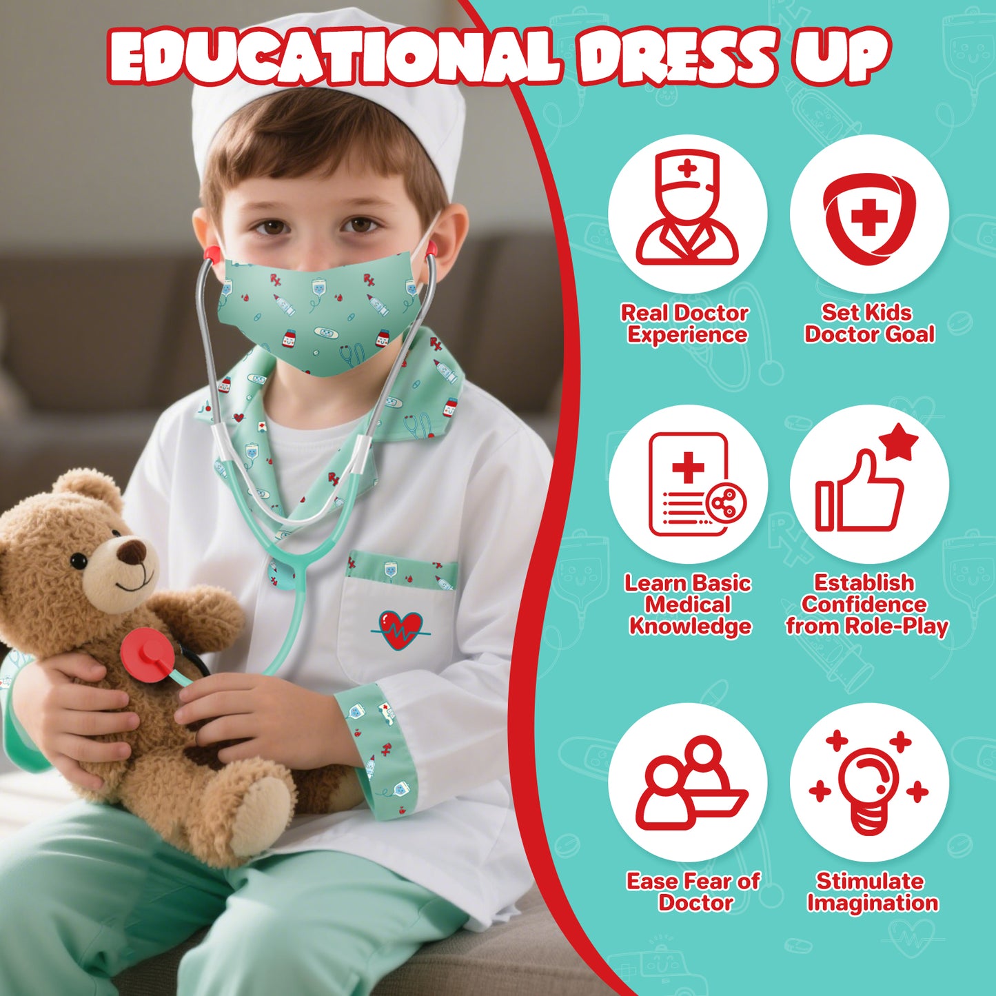 Doctor Costume Set for Kids, Pretend Play Doctor Dress up Clothes with Medical Accessories, Kids Doctor Costume Set Toy for Age 3 4 5 6 Boys Girls - Pink