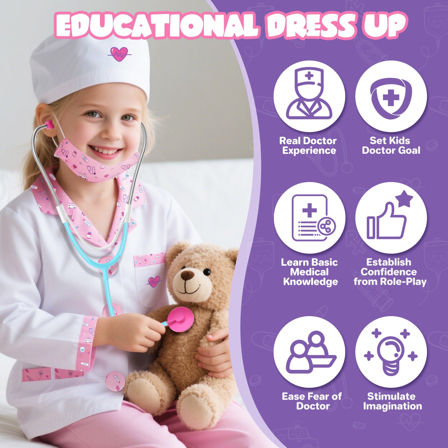 Doctor Costume Set for Kids, Pretend Play Doctor Dress up Clothes with Medical Accessories, Kids Doctor Costume Set Toy for Age 3 4 5 6 Boys Girls - Pink
