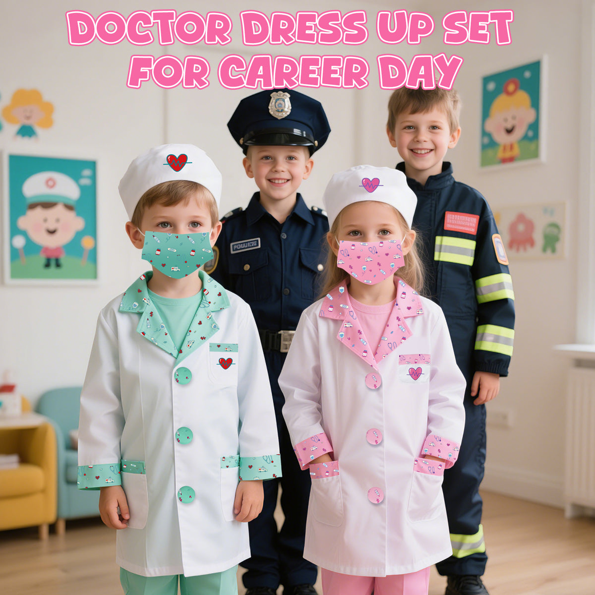 Doctor Costume Set for Kids, Pretend Play Doctor Dress up Clothes with Medical Accessories, Kids Doctor Costume Set Toy for Age 3 4 5 6 Boys Girls - Pink