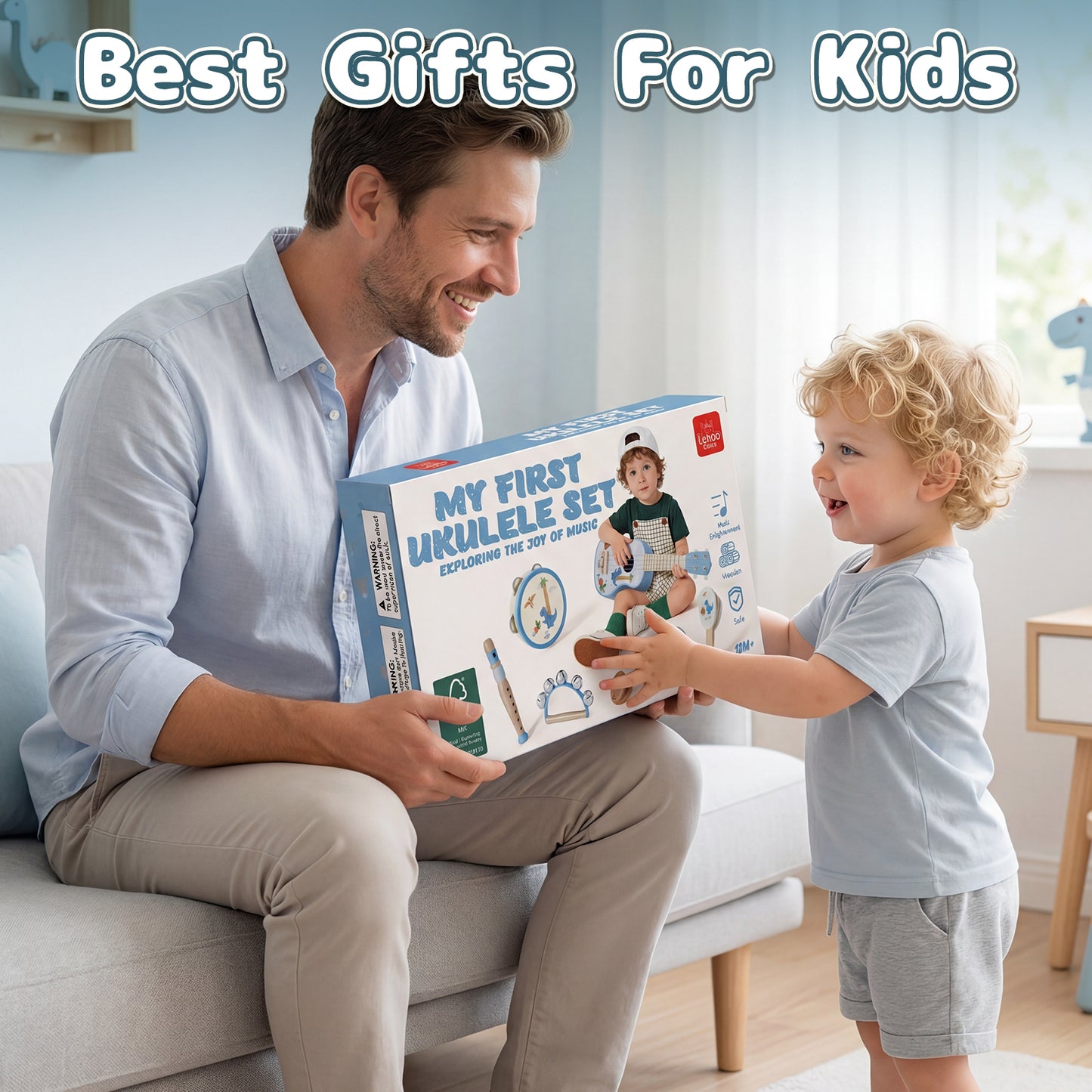 Kids Guitar, Wooden Musical Instruments for Kids, 7 in 1 Dinosaur Music Toys, Band Sets with Ukulele Flute Tambourine Maracas... Montessori Toys for 2 3 Year Old Boy Girls