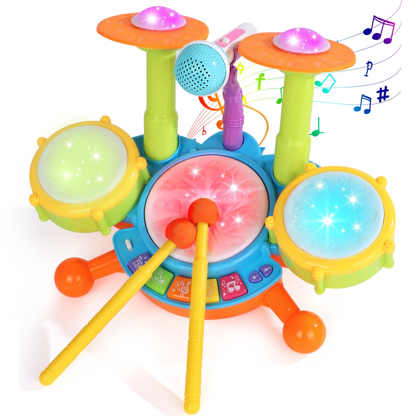 Kids Drum Set for Toddlers 1-3, Drum Set Toys for 1 2 3 Year Old Musical Toys Piano Light Up with 2 Drumsticks, Learning Educational Developmental Baby Toys