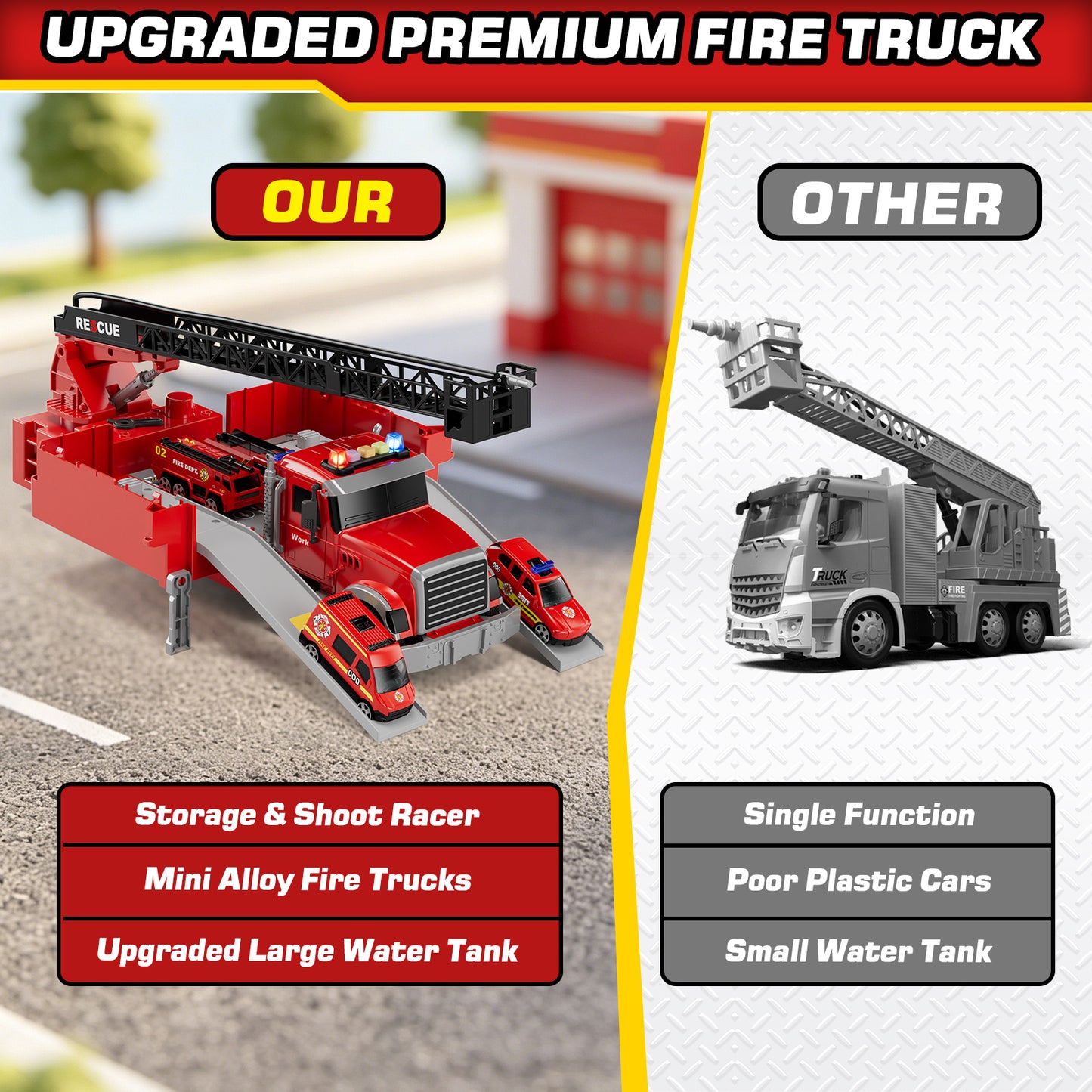 Fire Truck Toys, Toy Trucks for Boys 2-6 Years, Fire Truck Toys for Toddlers with Ejection Mode, Siren Sounds, Shooting Water, Retractable Ladder, 4 Alloy Vehicles, Best Birthday Gift for Toddle