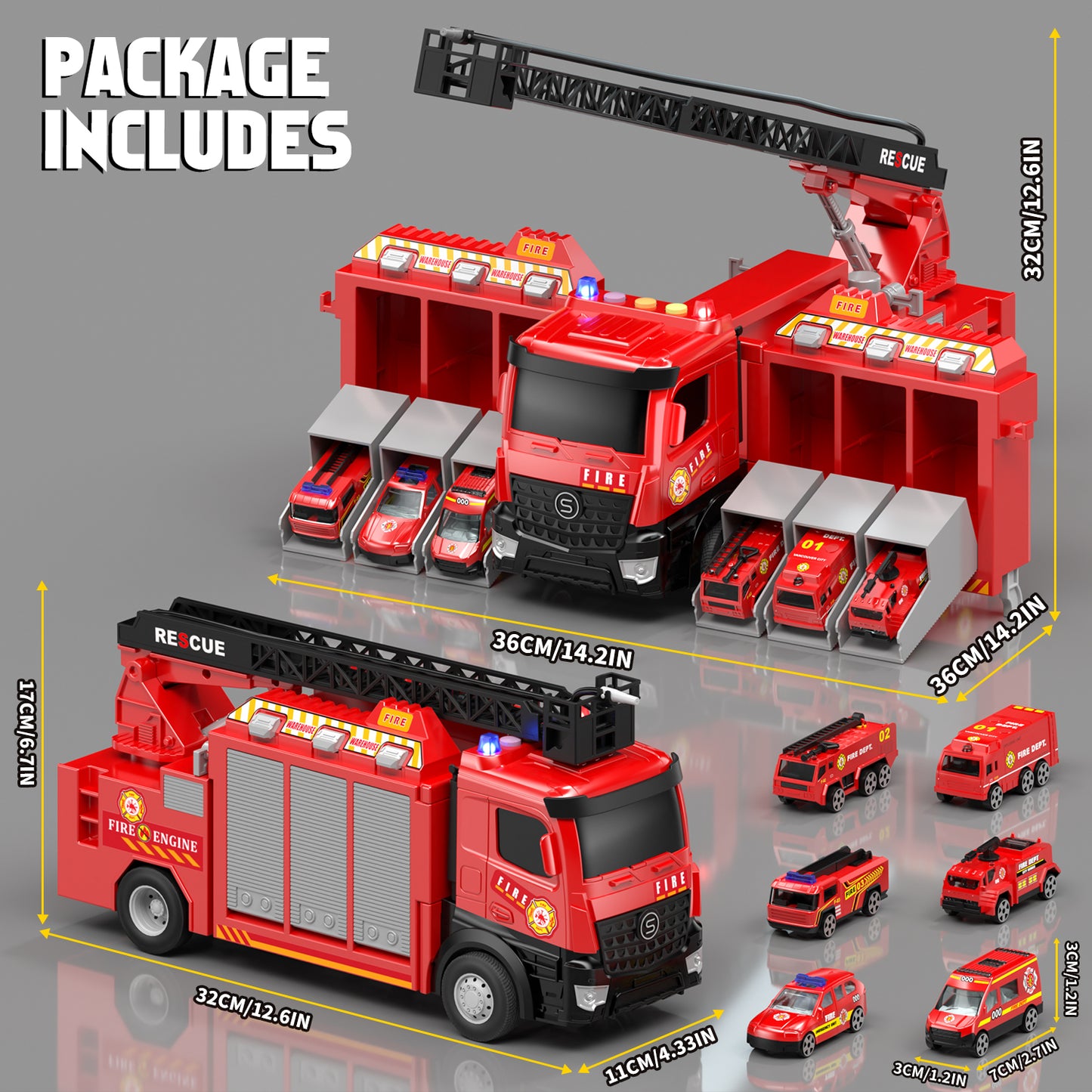 Fire Truck for Boys, Truck Toy with Siren Sounds, Shooting Water, Retractable Ladder, Flashing Lights, 6 Cars, Fire Truck Toys 3-5 Years Old Boys, Boys Birthday Gift