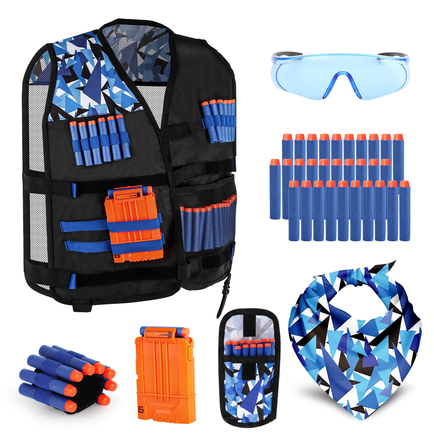 Kids Vest Kit for Nerf Guns Series with 30 Refill Darts,Dart Pouch, Mask, Reload Clips, Wrist Band and Protective Glasses, Toys for 5 6 7 8 9 10+ Year Boys