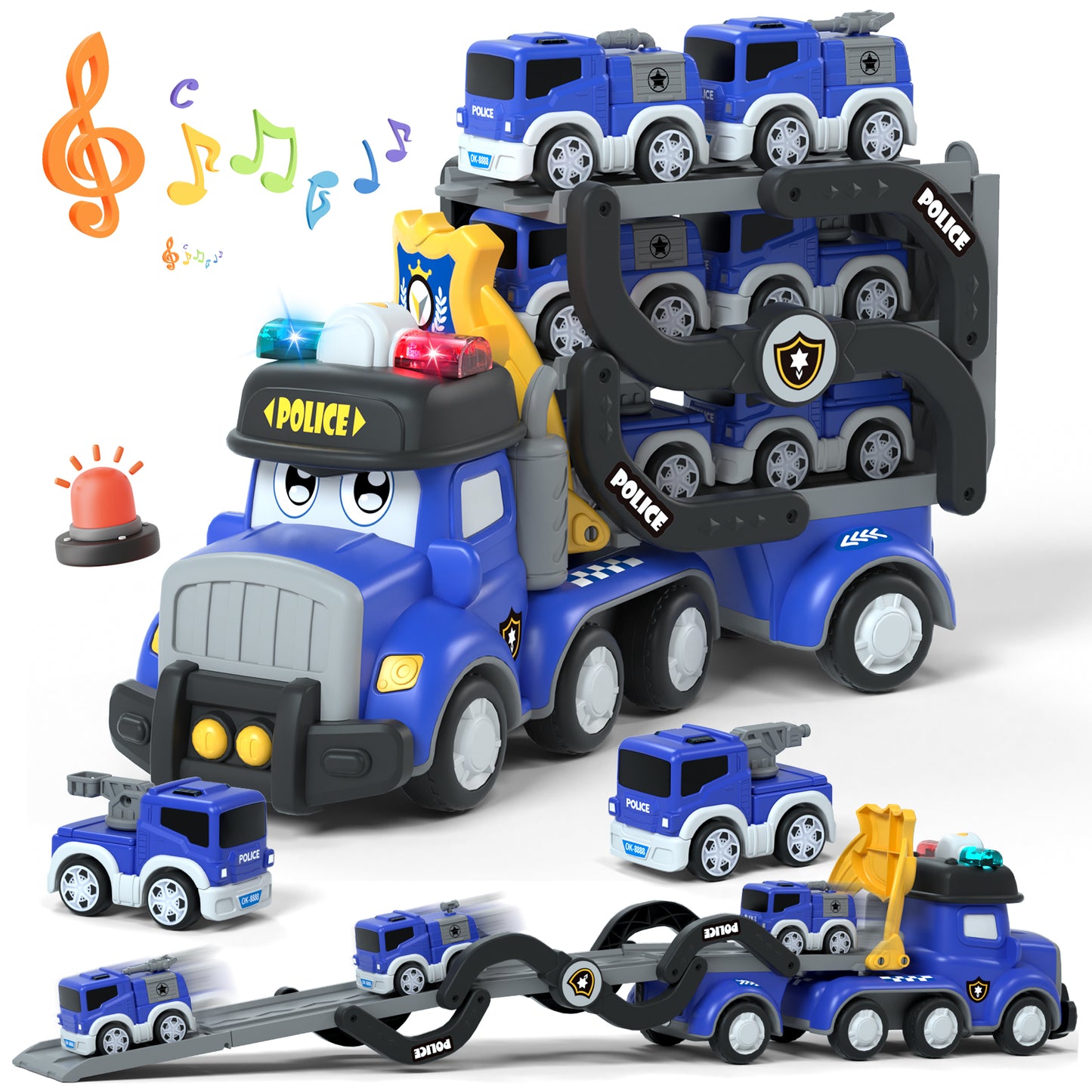 Toys for 2 Year Old Boy, Toy Trucks Car for Boys 2 3 4 5 Years Old, Police Truck Toys Cars with Lights & Sounds, 5 in 1 Toddler Carrier Truck Toy with 4 Pull Back Cars, Best Birthday Gifts for Boys