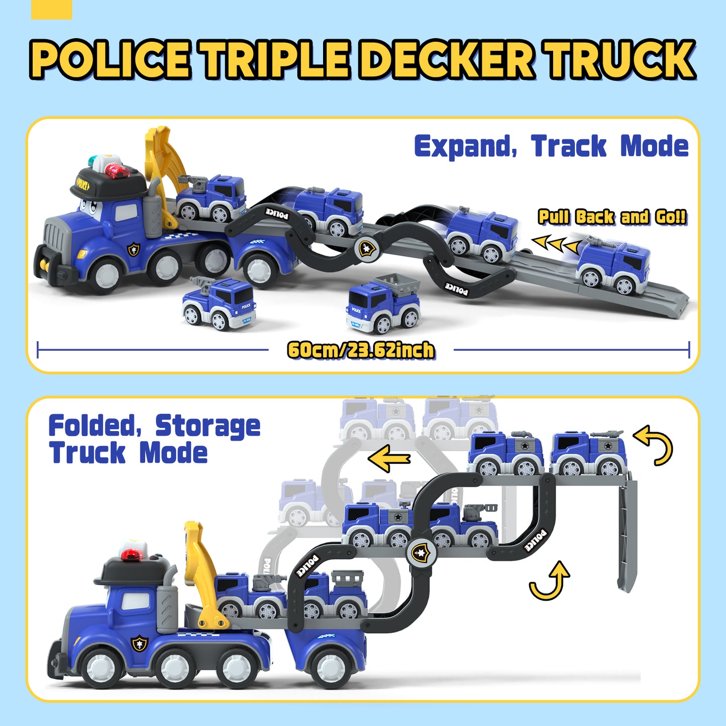 Toddler Toy for 2 3 4 5 Year Old Boys, Police Truck Toy Car with Light & Siren, 3 Layer Toy Truck Car Set with 6 Pull Back Cars & Race Track, Best Birthday Gifts for Age 2-5 Boys