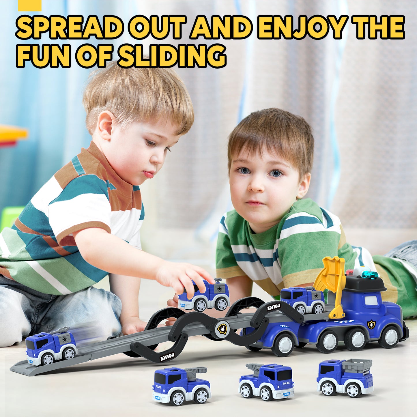 Toys for 2 Year Old Boy, Toy Trucks Car for Boys 2 3 4 5 Years Old, Police Truck Toys Cars with Lights & Sounds, 5 in 1 Toddler Carrier Truck Toy with 4 Pull Back Cars, Best Birthday Gifts for Boys