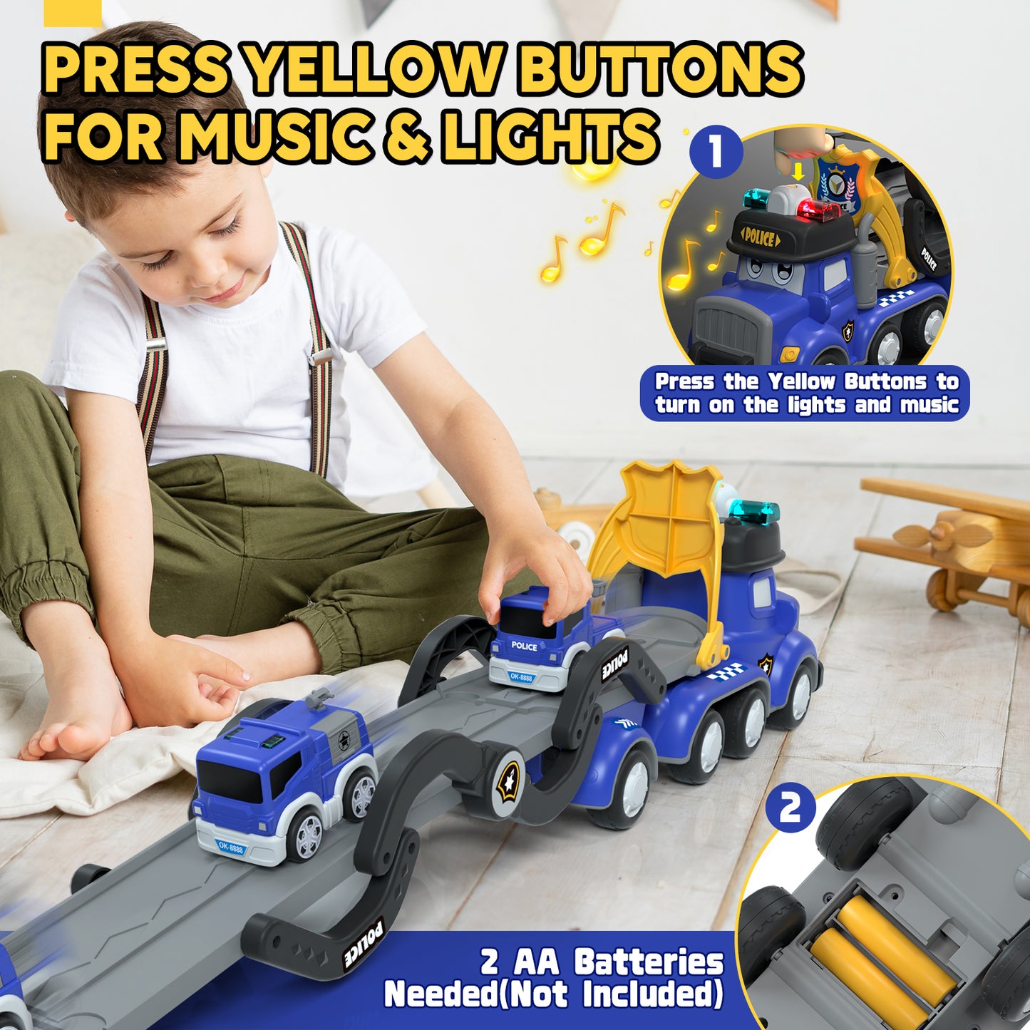 Toys for 2 Year Old Boy, Toy Trucks Car for Boys 2 3 4 5 Years Old, Police Truck Toys Cars with Lights & Sounds, 5 in 1 Toddler Carrier Truck Toy with 4 Pull Back Cars, Best Birthday Gifts for Boys
