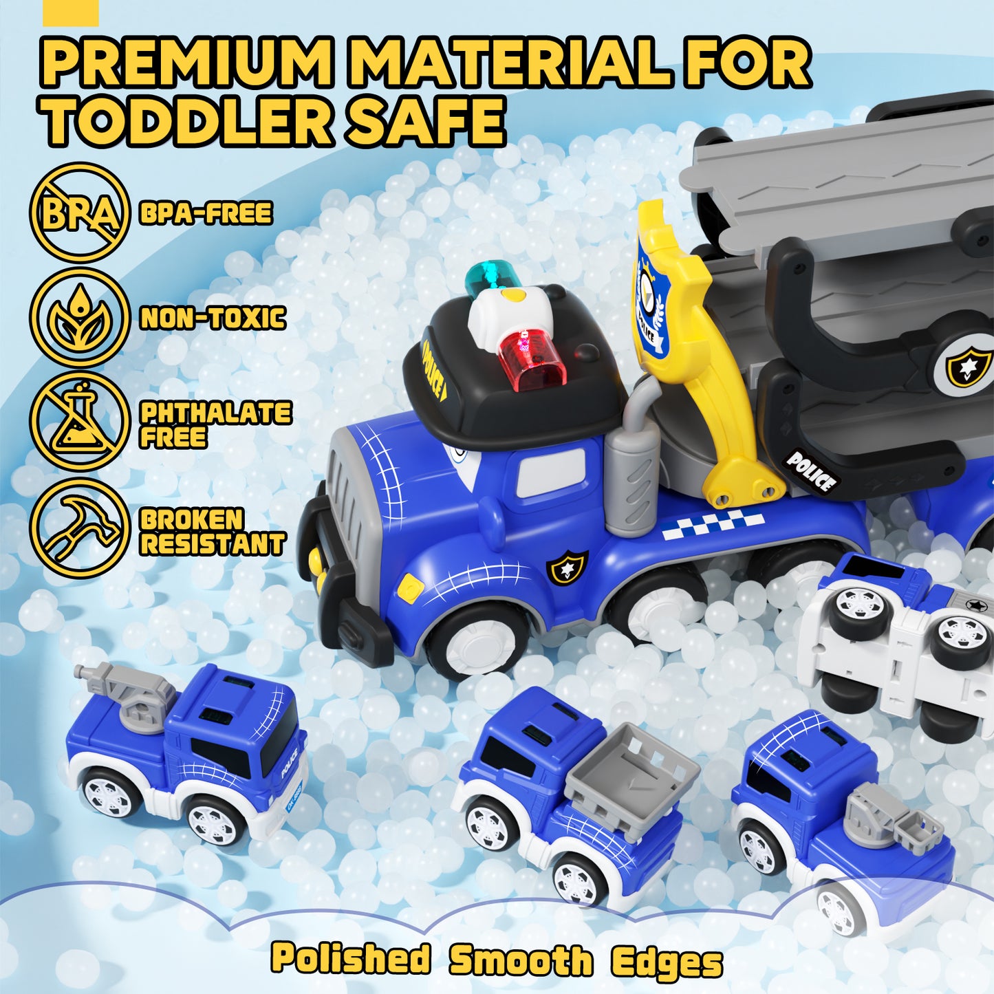 Toys for 2 Year Old Boy, Toy Trucks Car for Boys 2 3 4 5 Years Old, Police Truck Toys Cars with Lights & Sounds, 5 in 1 Toddler Carrier Truck Toy with 4 Pull Back Cars, Best Birthday Gifts for Boys
