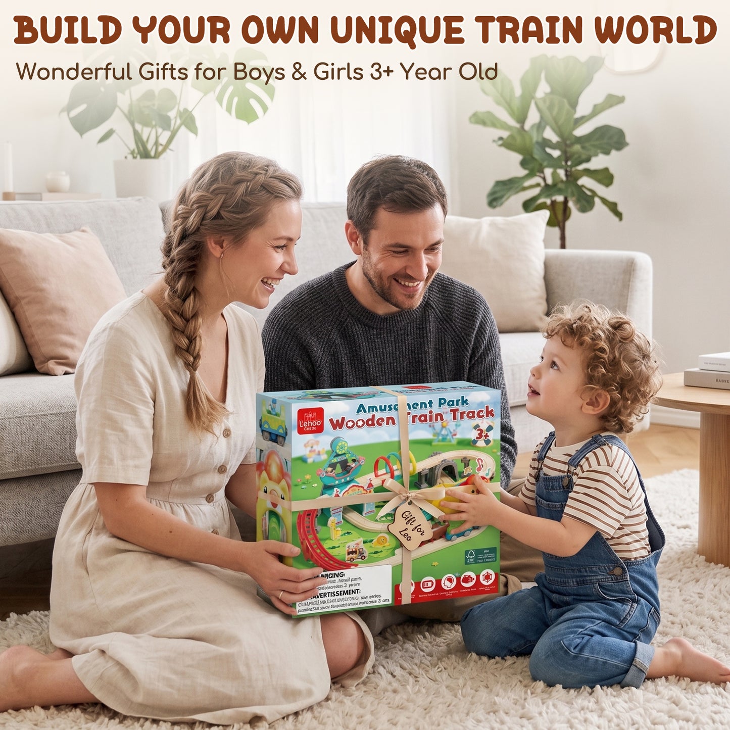 Train Set, Wooden Train Set for Kids, Train Toy for Girls Boys 2 3 4 5 Year, Train Set with Amusement Park Theme, Compatible with Other Brands