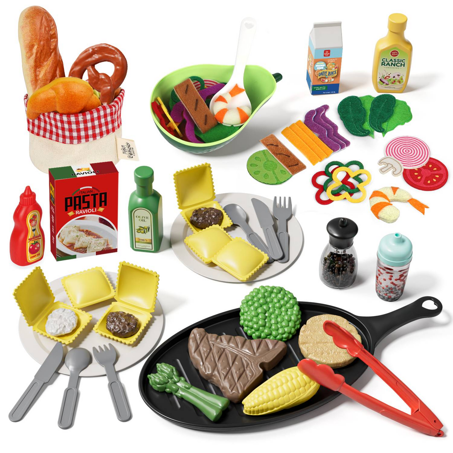 Pretend Play Food for Kids Kitchen - Cutting Toy Food with Storage Bag, Food Toys with Dumplings Steak, Fake Food with Bread Toy, Pretend Food, Play Kitchen Accessories, Boys Girls Gift