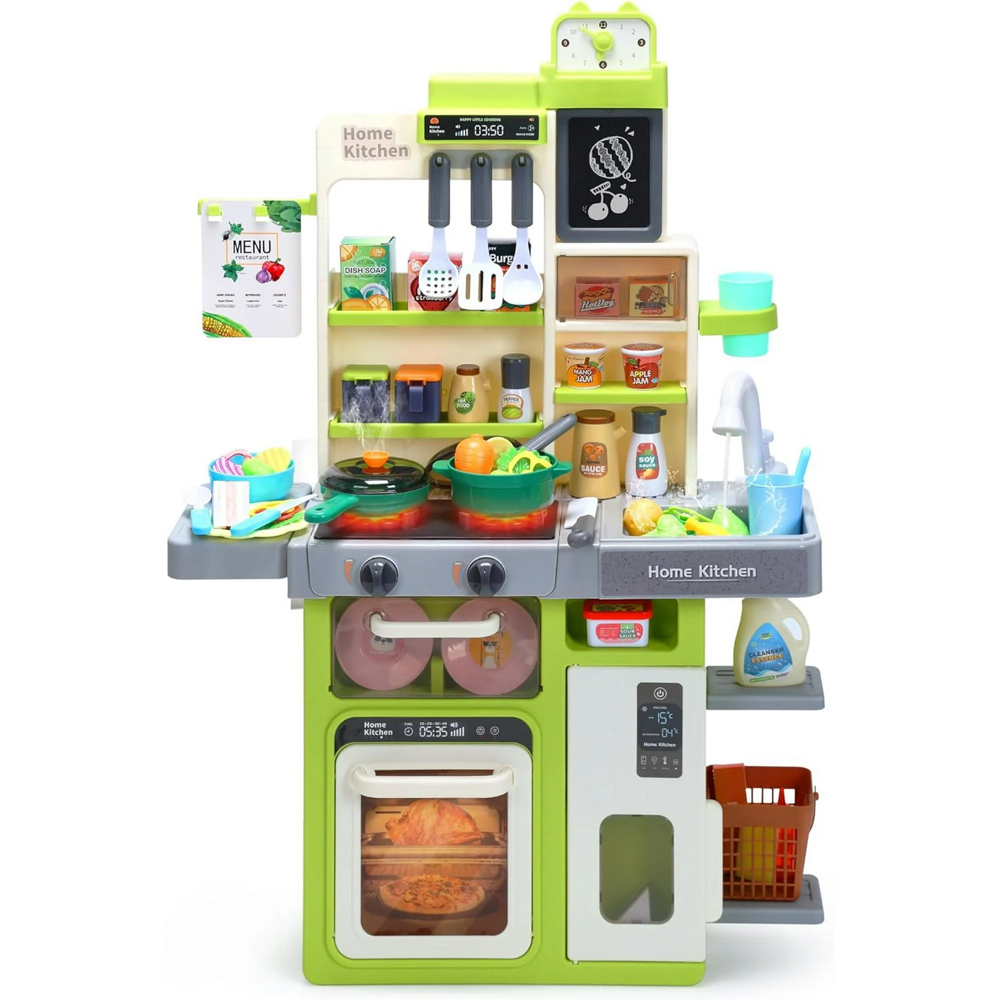 Kids Play Kitchen,Kitchen Playset with 57pcs Kitchen Toys for Toddlers,Play House Accessories with Ice Maker, Water Dispenser, Sink, Oven,Dishwasher, Real Sounds and Light for Girls and Boys