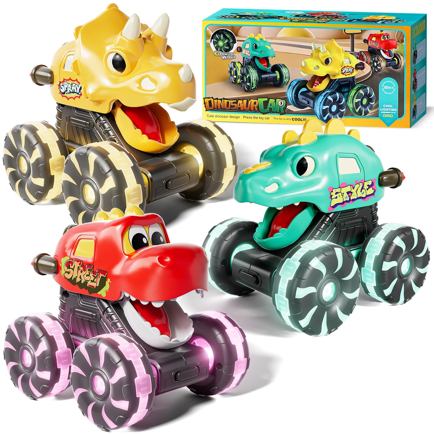 3 Pack Monster Truck Toys, Toy Truck with Flashing LED Wheels, Toddler Toy Car, Press & Go Cars, Toddler Toys 1-3 for Boys Birthday Gift