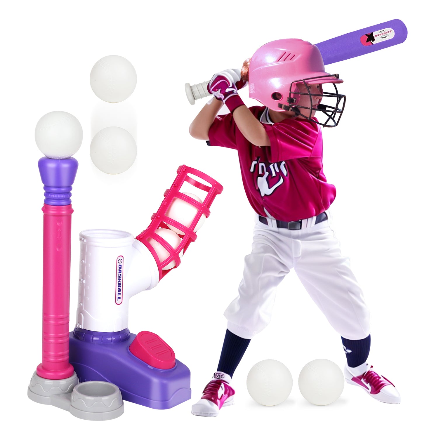 T Ball Set Toys for Kids Girls 3-5,for Age 3 to 6, Toddler Baseball Game Sports & Outdoors Toys, Kids Baseball Toys Includes 6 Balls, Auto Ball Launcher - Blue