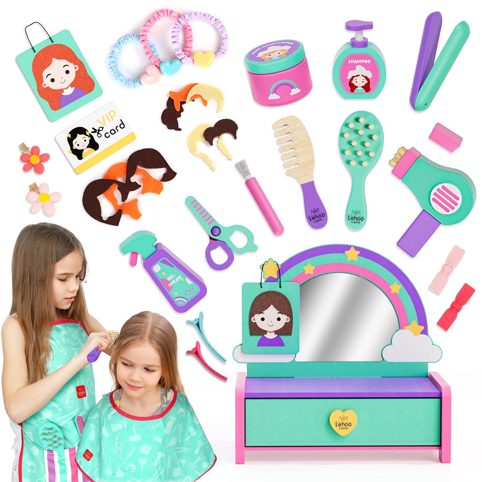 32Pcs Hair Salon Toys Salon Set, Toddler Girls Vanity for Year Old Girls Pretend Play Doll Hair Stylist Toy Kit with Blow Dryer, Barber Costume