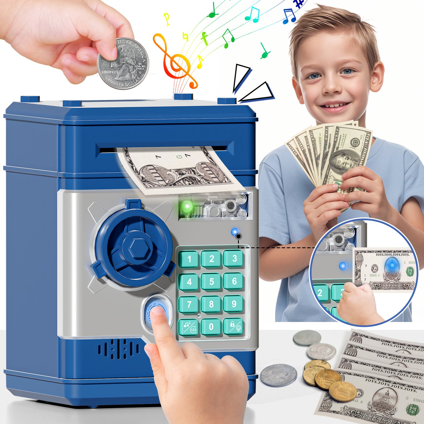 Piggy Banks for Kids, Fingerprint Recognition Electronic Money Saving Box with Password Protection, Automatic Paper Money Scroll - Red