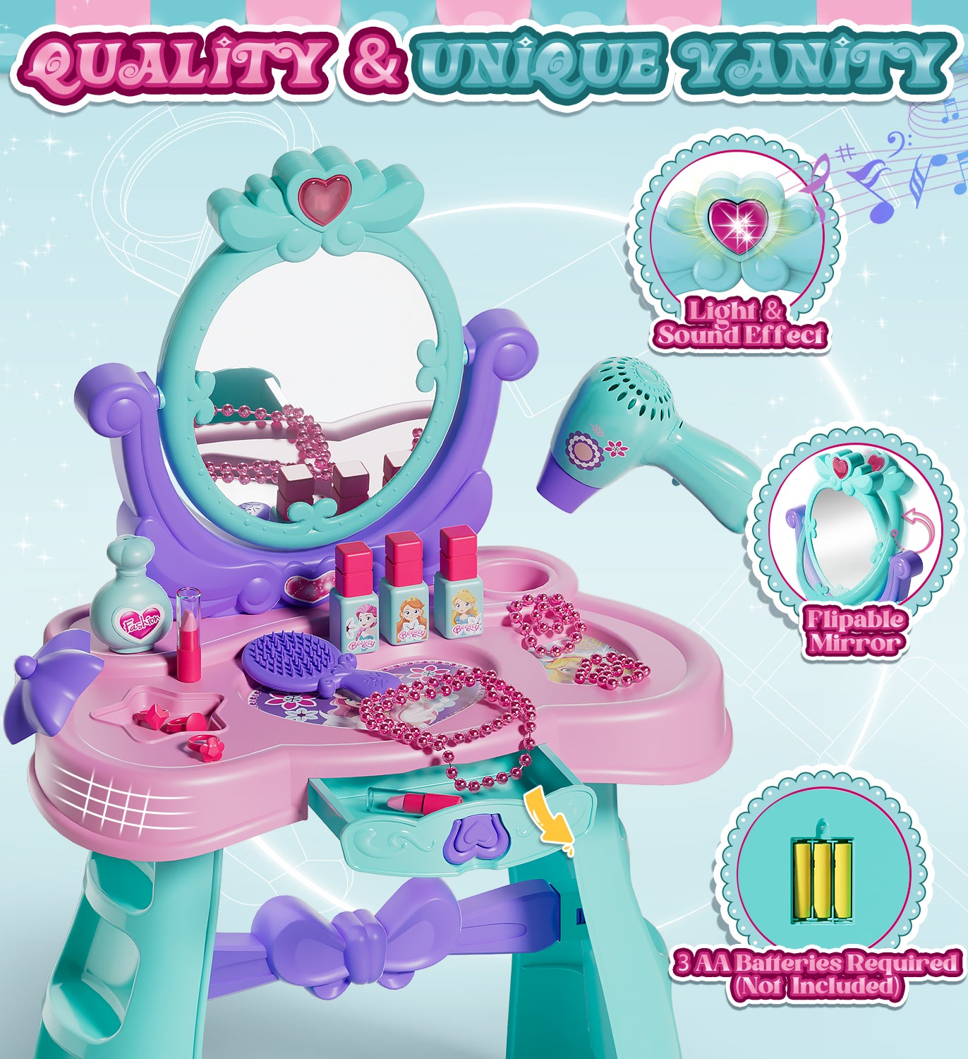 Toddler vanity set for 2 3 4 5 Year Old Girls, Toddler Vanity Makeup Table with Mirror & Chair, Pretend Play Makeup Play Toys Set with Light & Music, Birthday Gift Toy for 2-5 Girls
