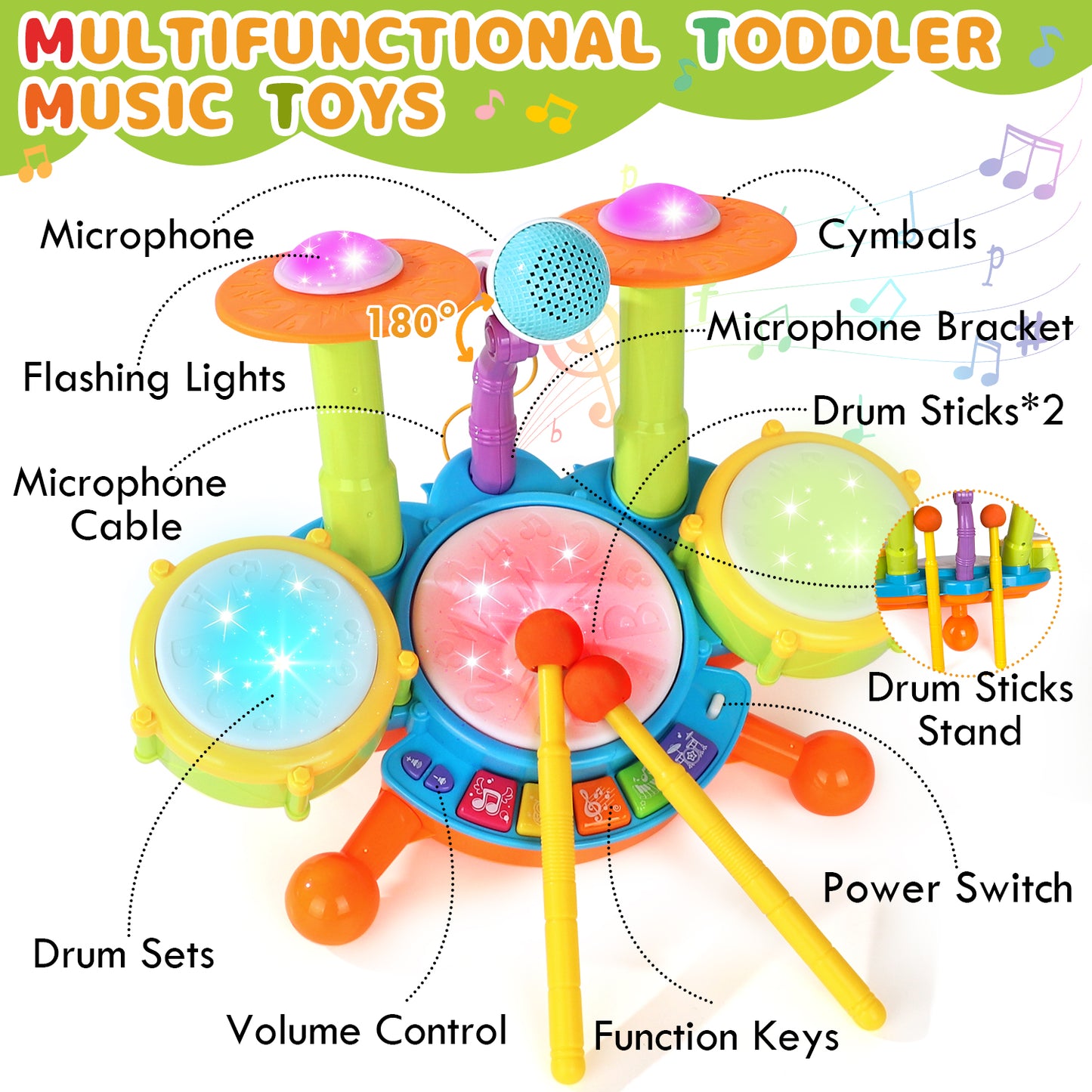 Kids Drum Set for Toddlers 1-3, Drum Set Toys for 1 2 3 Year Old Musical Toys Piano Light Up with 2 Drumsticks, Learning Educational Developmental Baby Toys