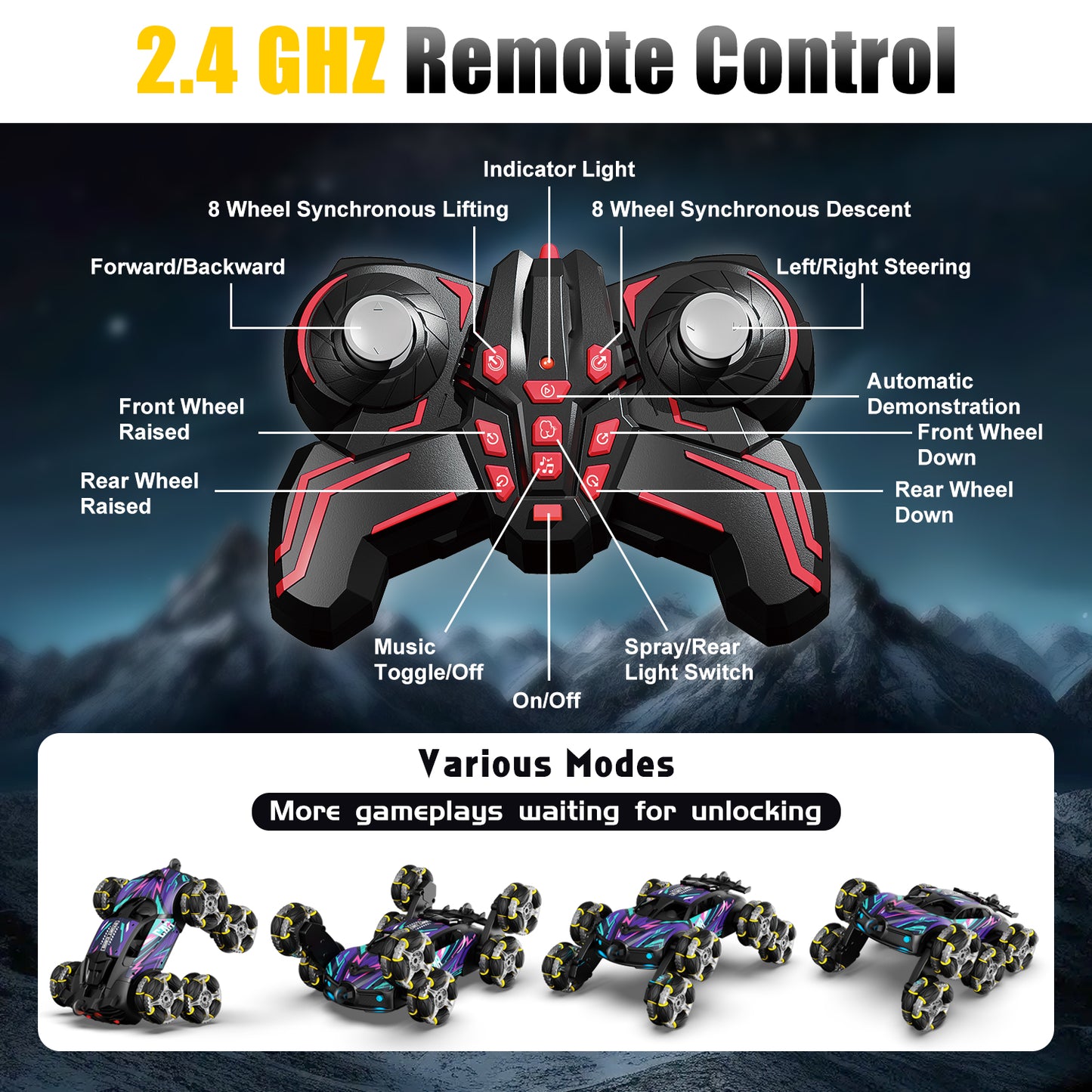 Remote Control Cars, 8WD RC Stunt Cars Toys for 6 7 8 9 10 Year Old Girl Boys, Transform Drift Climbing Racing Vehicle with with Spray, Light & Sound for Kid Age 8-12 Toys Birthday