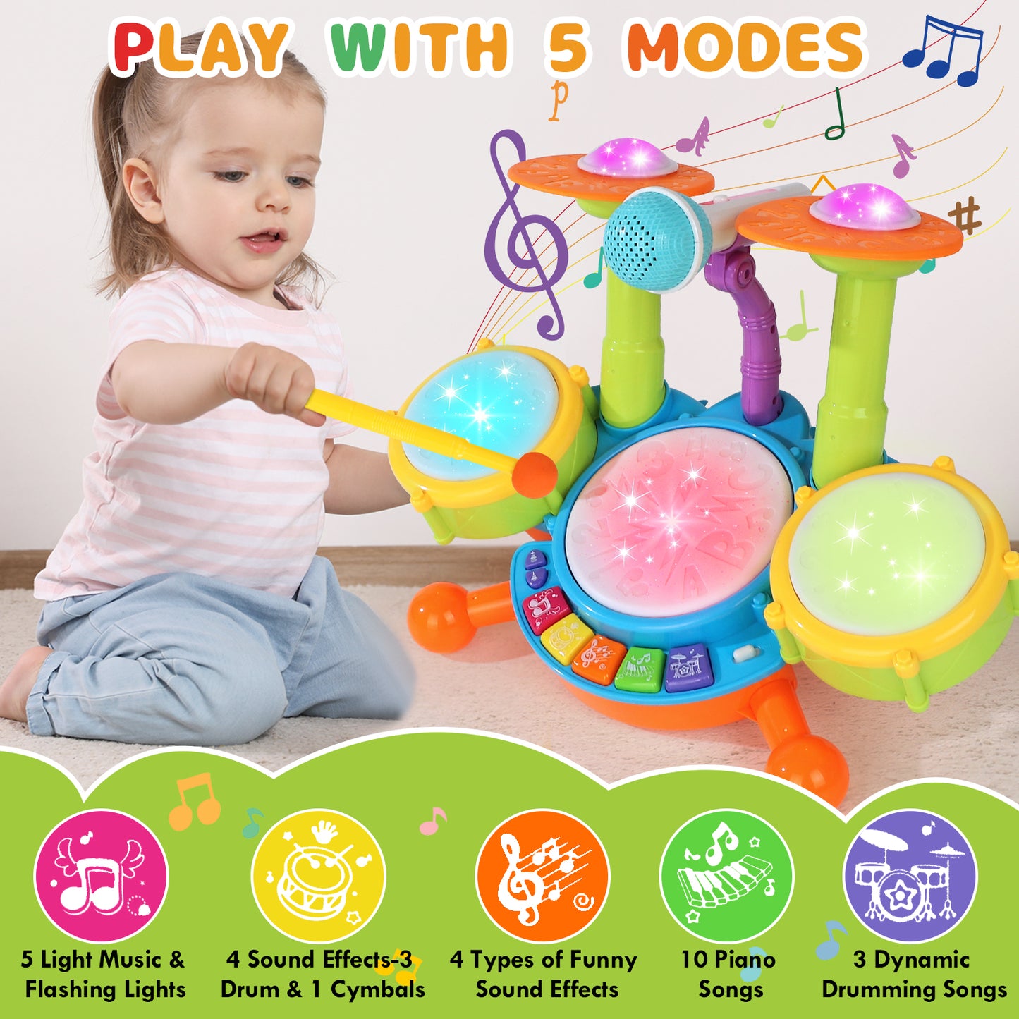 Kids Drum Set for Toddlers 1-3, Drum Set Toys for 1 2 3 Year Old Musical Toys Piano Light Up with 2 Drumsticks, Learning Educational Developmental Baby Toys