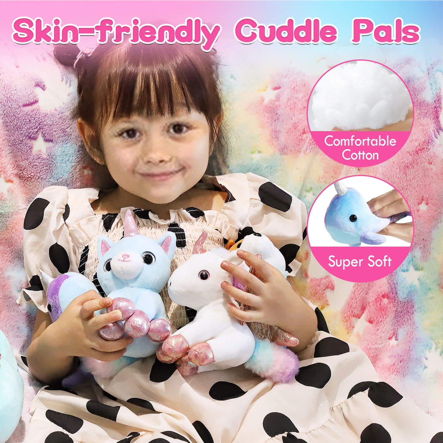Unicorn Stuffed Animals for Girls Age 4-8, Unicorns Gifts for Girls, Unicorn Plush Toy, Set of 4 Stuffed Toy for Toddlers, with Squishies Rainbow Carry Bag
