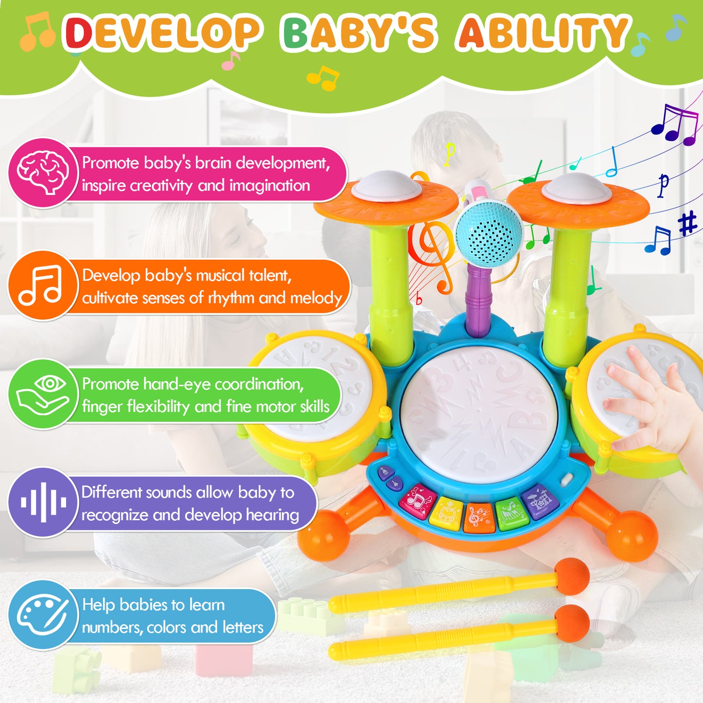 Kids Drum Set for Toddlers 1-3, Drum Set Toys for 1 2 3 Year Old Musical Toys Piano Light Up with 2 Drumsticks, Learning Educational Developmental Baby Toys