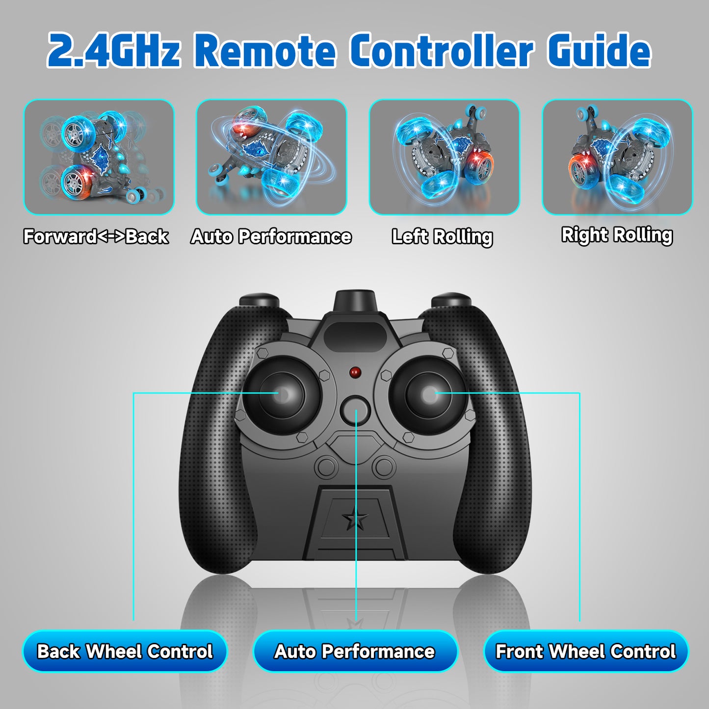 Remote Control Car RC Cars Toys for Boys 3 4 5 6 7 8 9 10 Year Old Girl Boys, 2.4Ghz Fast Stunt with Cool Light Dinosaur Car for Kids Birthday Chritmas