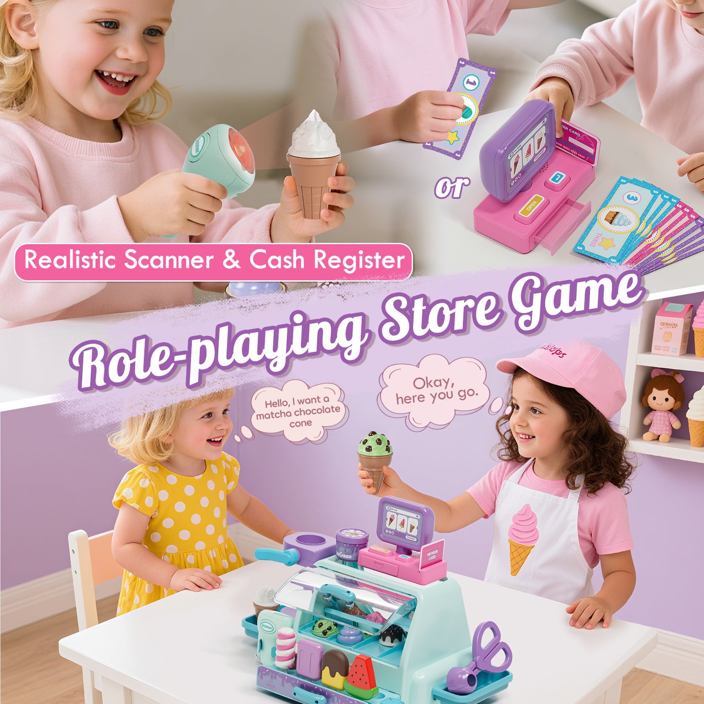 Ice Cream Toys for Toddlers 3-5, Pretend Play Food Toys for Girls, Ice Cream Counter Playset, Ice Cream Shop Toys for Kids, Include Checkout Counter with POS, Best Birthday Christmas Gift for Girls