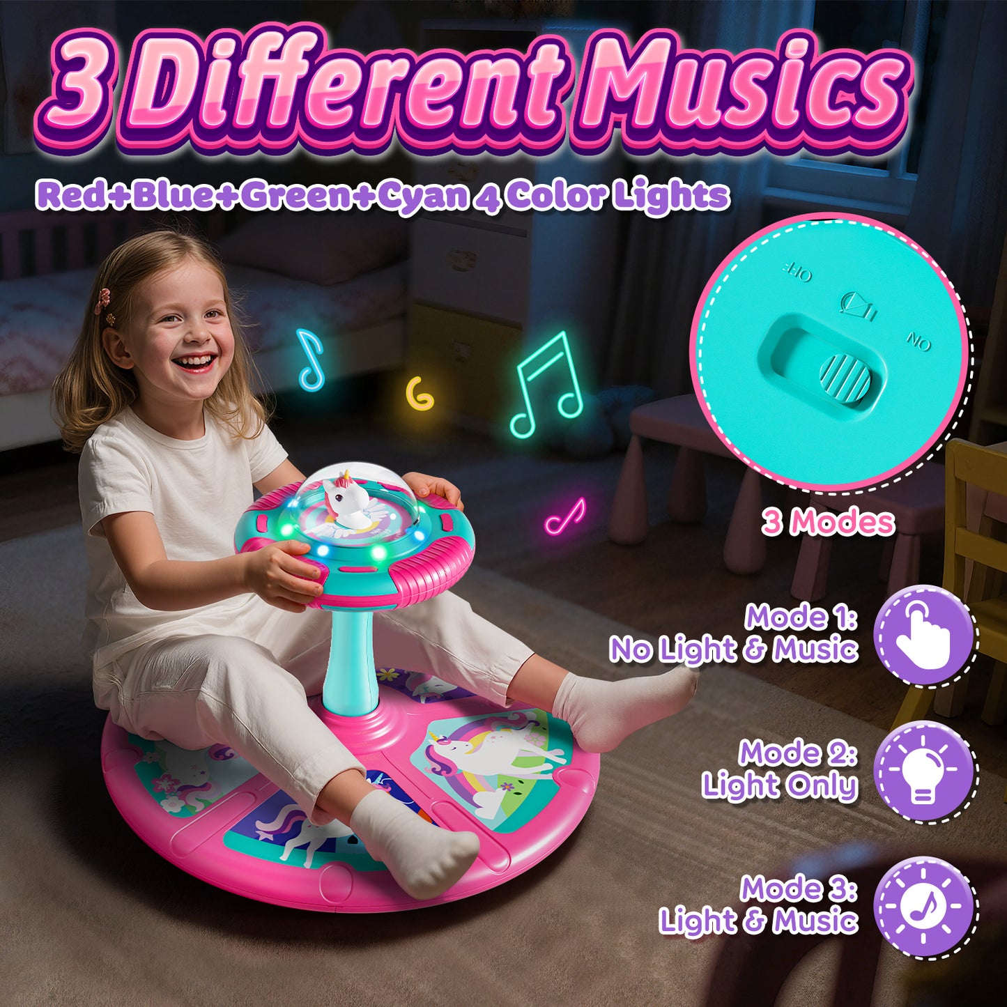 LC Sit and Spin Toys for Toddlers, 360° Unicorn Toddler Spinning Seat with LED Lights & Music, Sensory Spinning Chair, Sensory Toys for Ages 2-4 and Up, Best Birthday Christmas Gifts