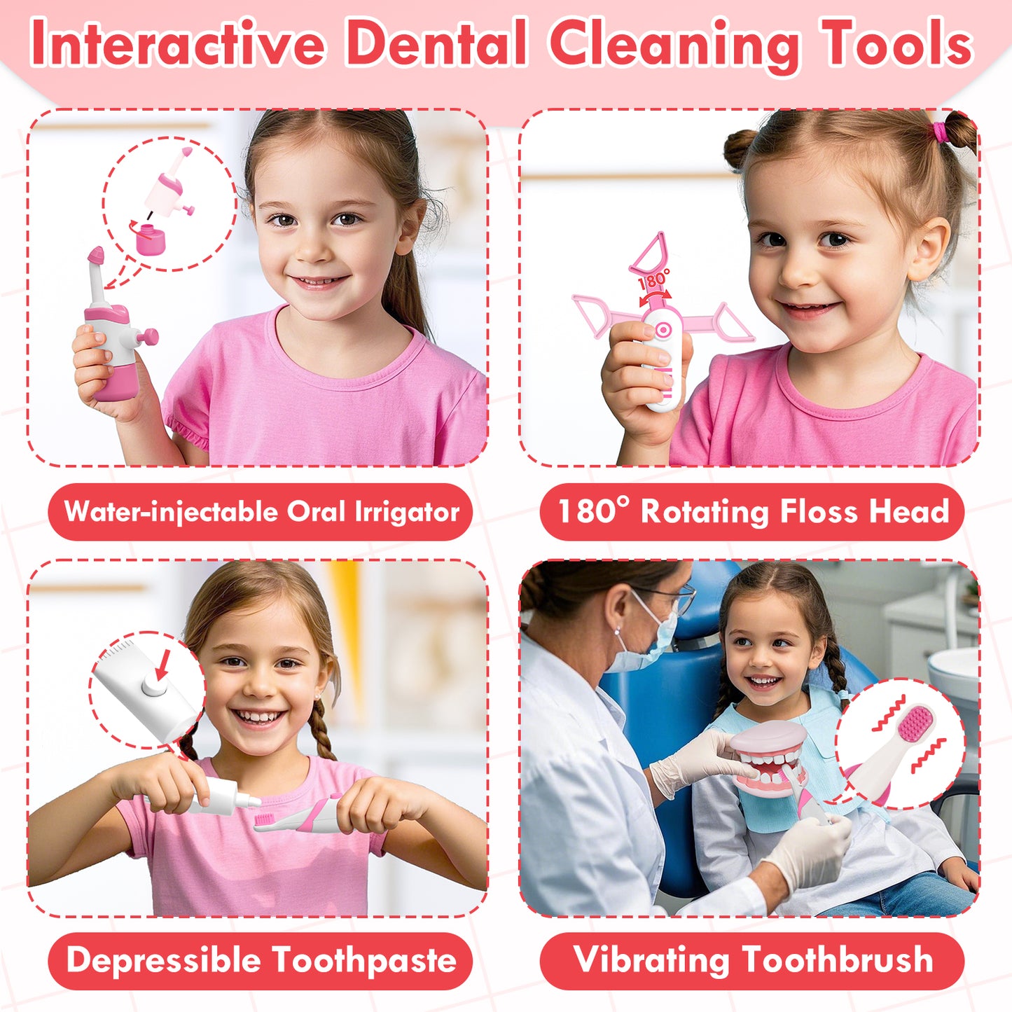 Doctor Kit for Kids Toddler Toys for 3+ 4 5 6 Year Old Girls, Kids Doctor Play Set, Dentist Kit for Kids, Doctor Costume & Dental Tools, Pretend Doctor Learning Toys for Toddlers Birthday Gift (Pink)