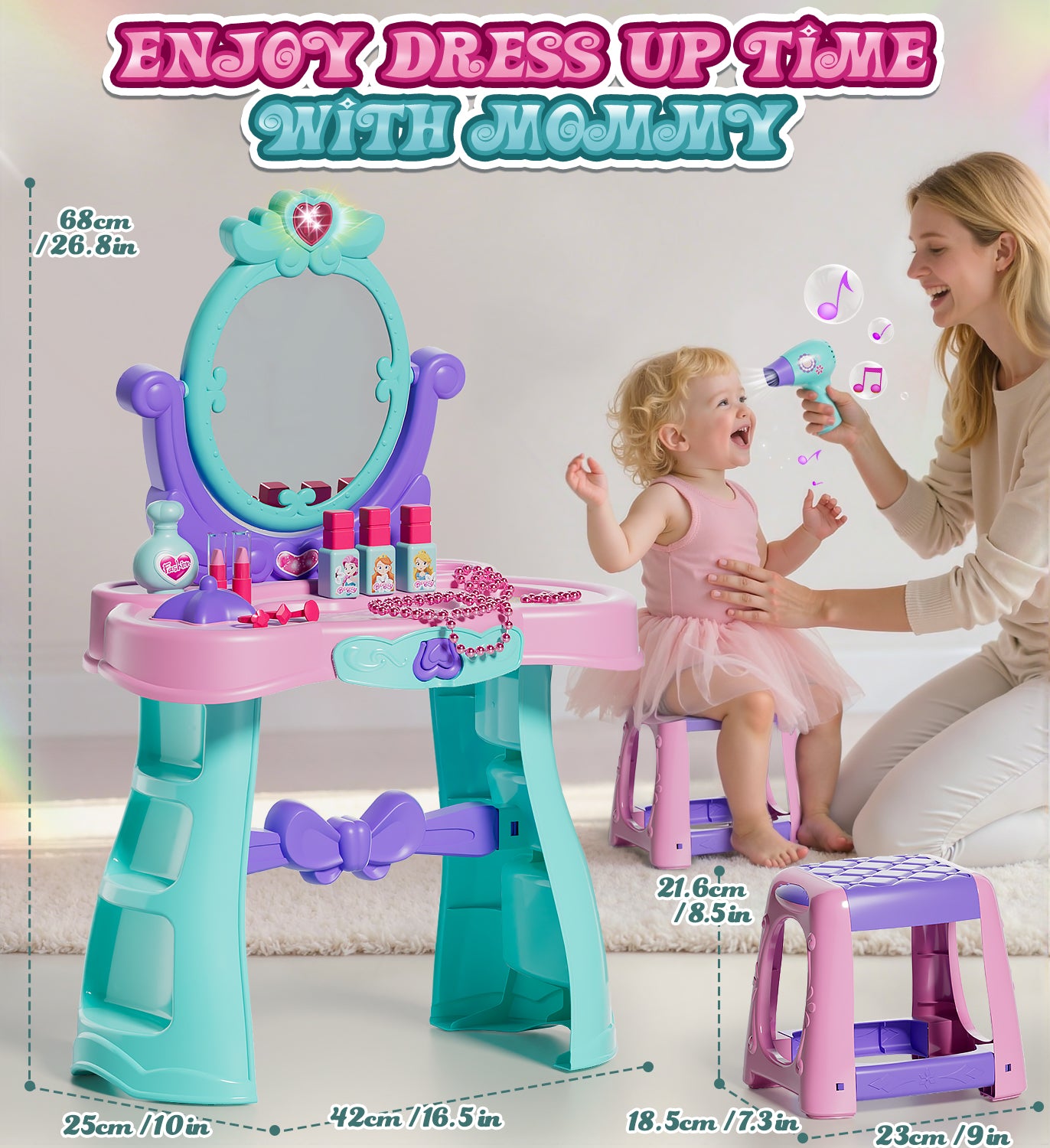Toddler vanity set for 2 3 4 5 Year Old Girls, Toddler Vanity Makeup Table with Mirror & Chair, Pretend Play Makeup Play Toys Set with Light & Music, Birthday Gift Toy for 2-5 Girls
