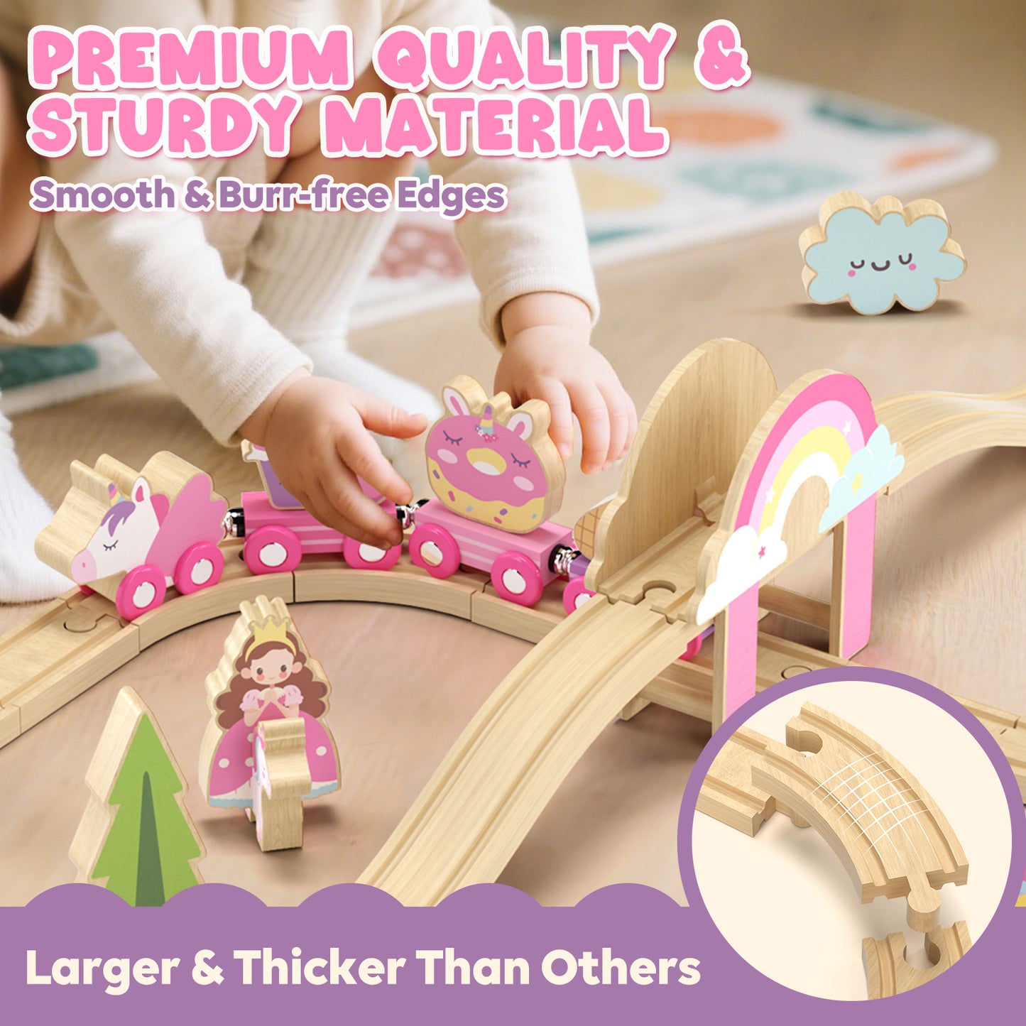 Train Set, 39 Pcs Wooden Train Set for Kids, Train Toy for Girls Boys 2 3 4 5 Year, Unicorn Train Track Set with 4 Magnetic trains & Accessories, Compatible with Other Brands