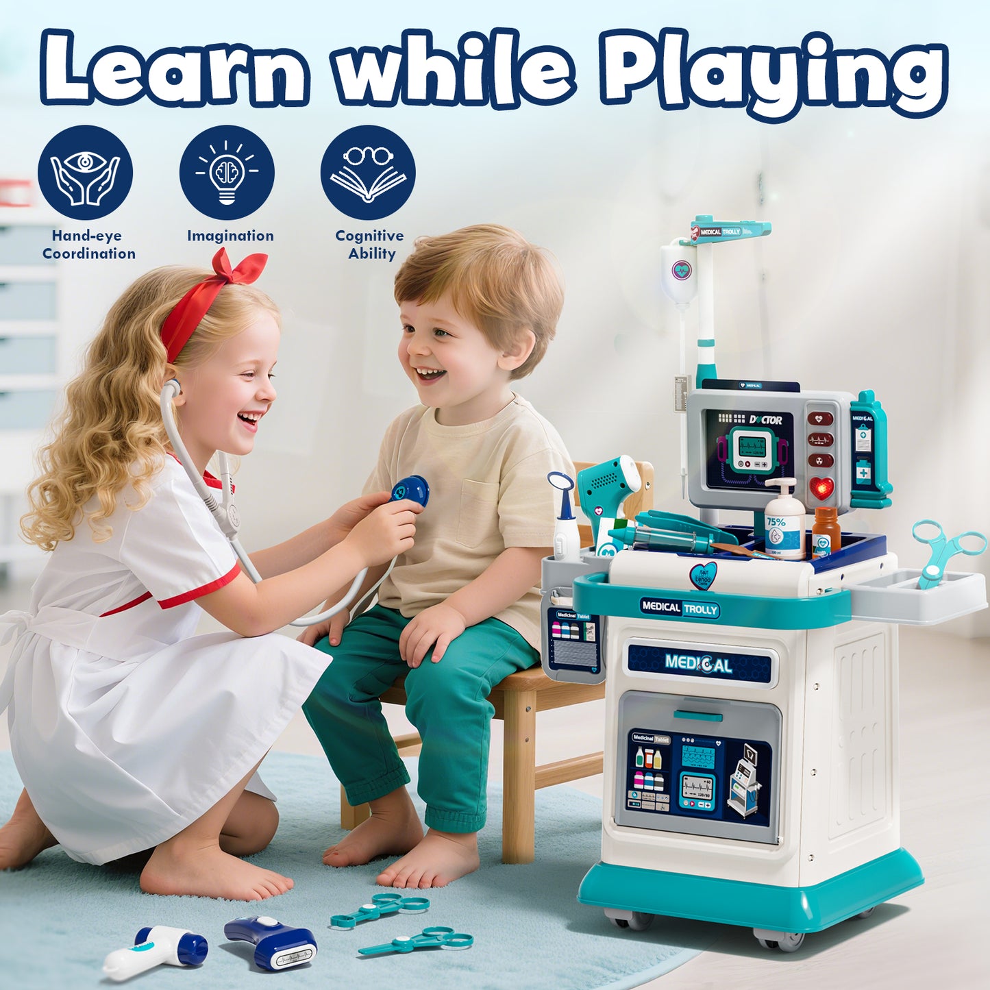 Doctor Kit for Toddlers 3-5, Pretend Play Medical Kit Toy, Toddler Medical Cart Toy with Sound & Medical Accessories for 2 3 4 5 Year Old Boys Girls Birthday Gifts