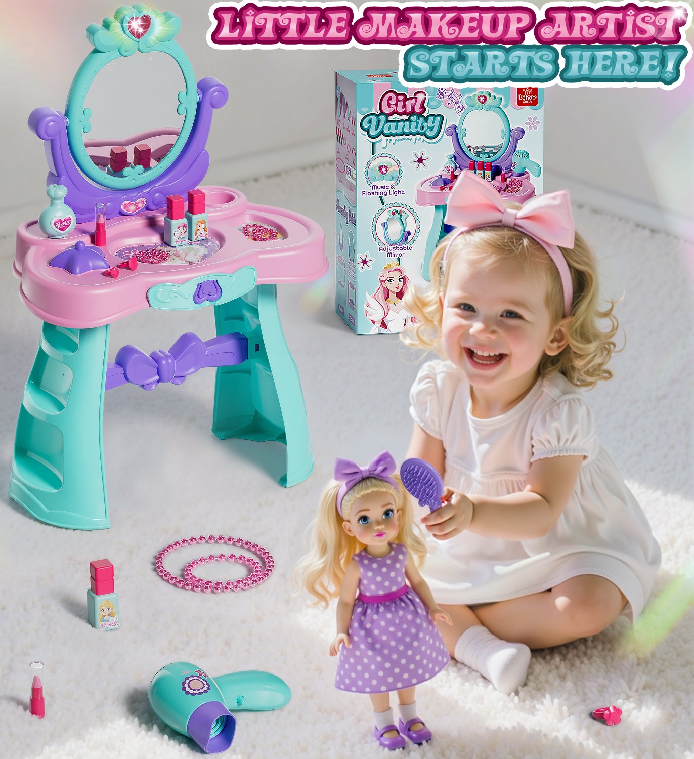 Toddler vanity set for 2 3 4 5 Year Old Girls, Toddler Vanity Makeup Table with Mirror & Chair, Pretend Play Makeup Play Toys Set with Light & Music, Birthday Gift Toy for 2-5 Girls