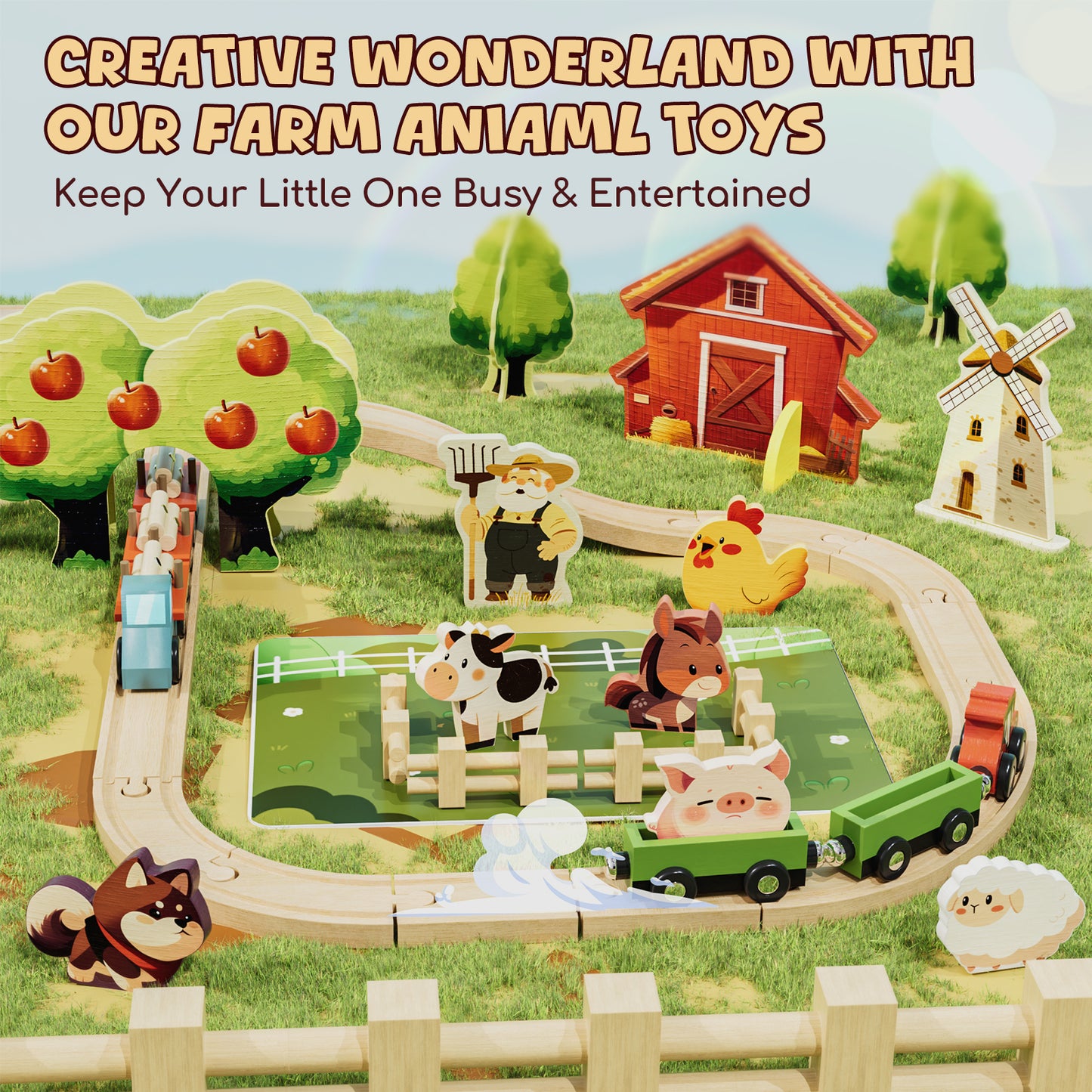 Farm Animals Train Toy Set, 77PCS Wooden Train Track Toy Set with Farm Accessories, Wooden Train Set for Kids 3 4 5 Year Old, Best Birthday Gift for Kids