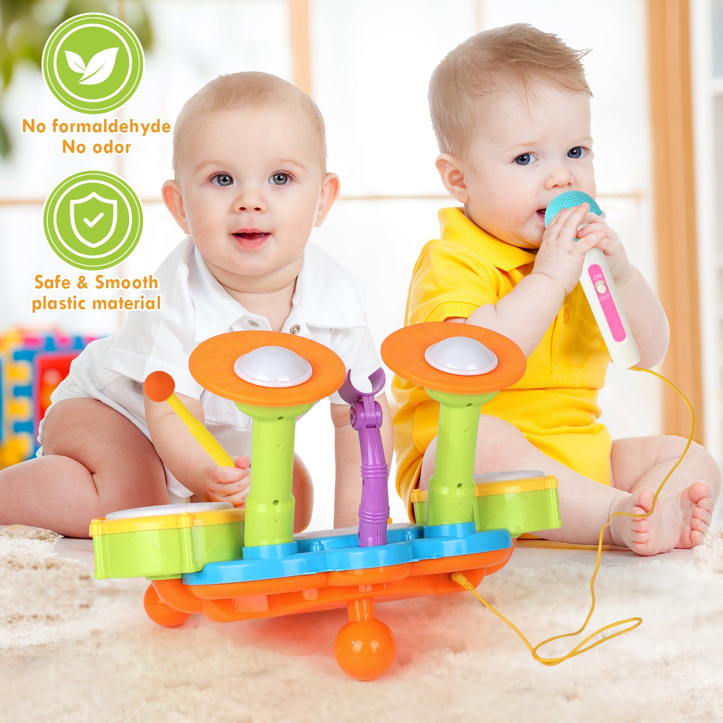Kids Drum Set for Toddlers 1-3, Drum Set Toys for 1 2 3 Year Old Musical Toys Piano Light Up with 2 Drumsticks, Learning Educational Developmental Baby Toys