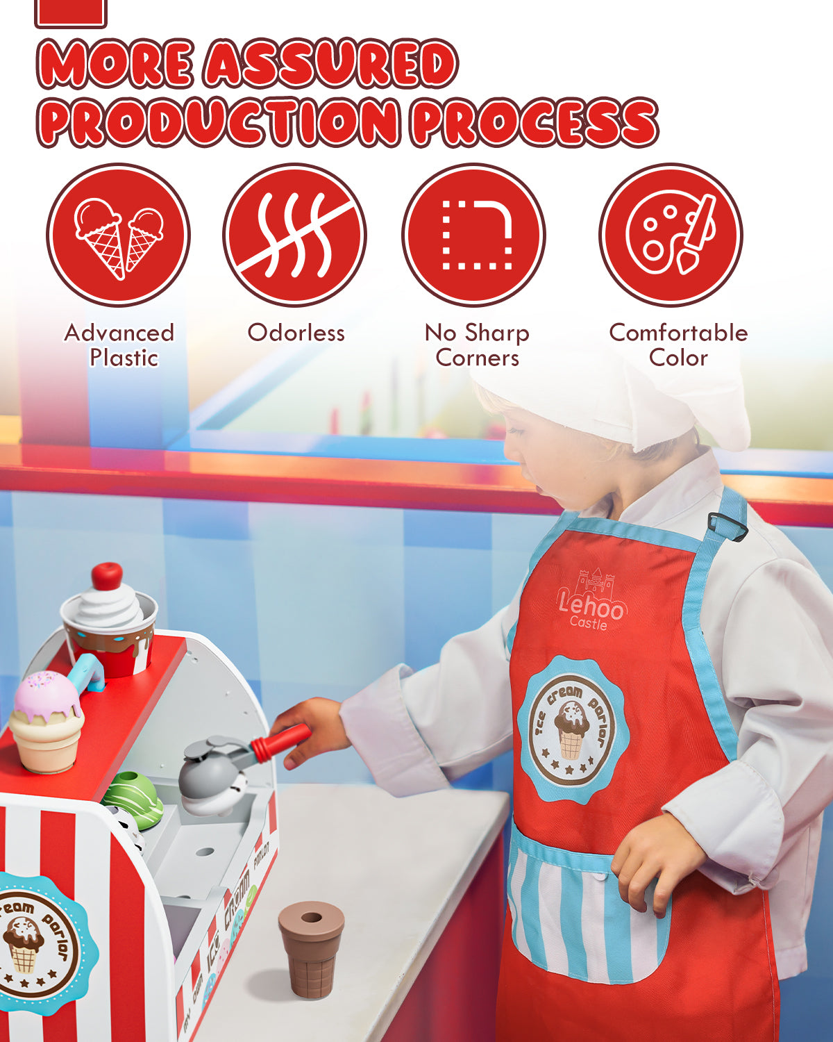 Pretend Play Food Toys for Girls, Ice Cream Toys for Toddlers 3 4 5, Ice Cream Counter Playset, Gift for 3 4 5 6 Year Old Girl Boy - Red