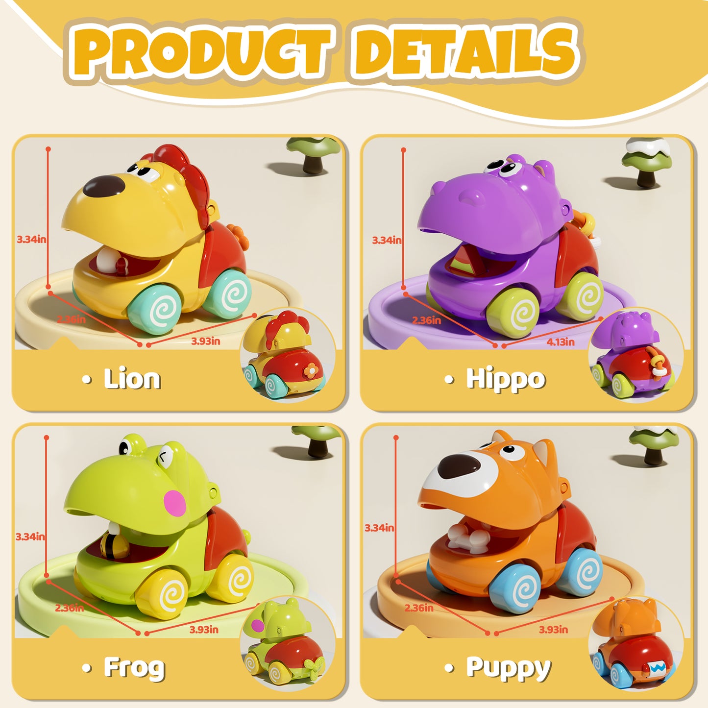 Toys for 1 Year Old, Baby Car Toy, 4 Pcs Pull Back Animal Car Toy for 12-18 Months, Baby Car Toy for 1 2 3 Year Boys Girls