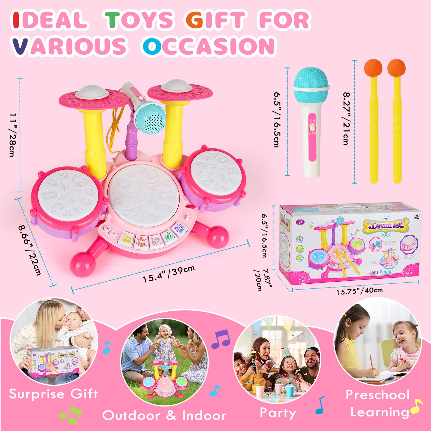 Kids Drum Set, Toddler Drum Set with 2 Drumsticks and Microphone, Kids Musical Toys, Baby Drum Set Toy for 1 2 3 Year Old Boys Girls - Pink